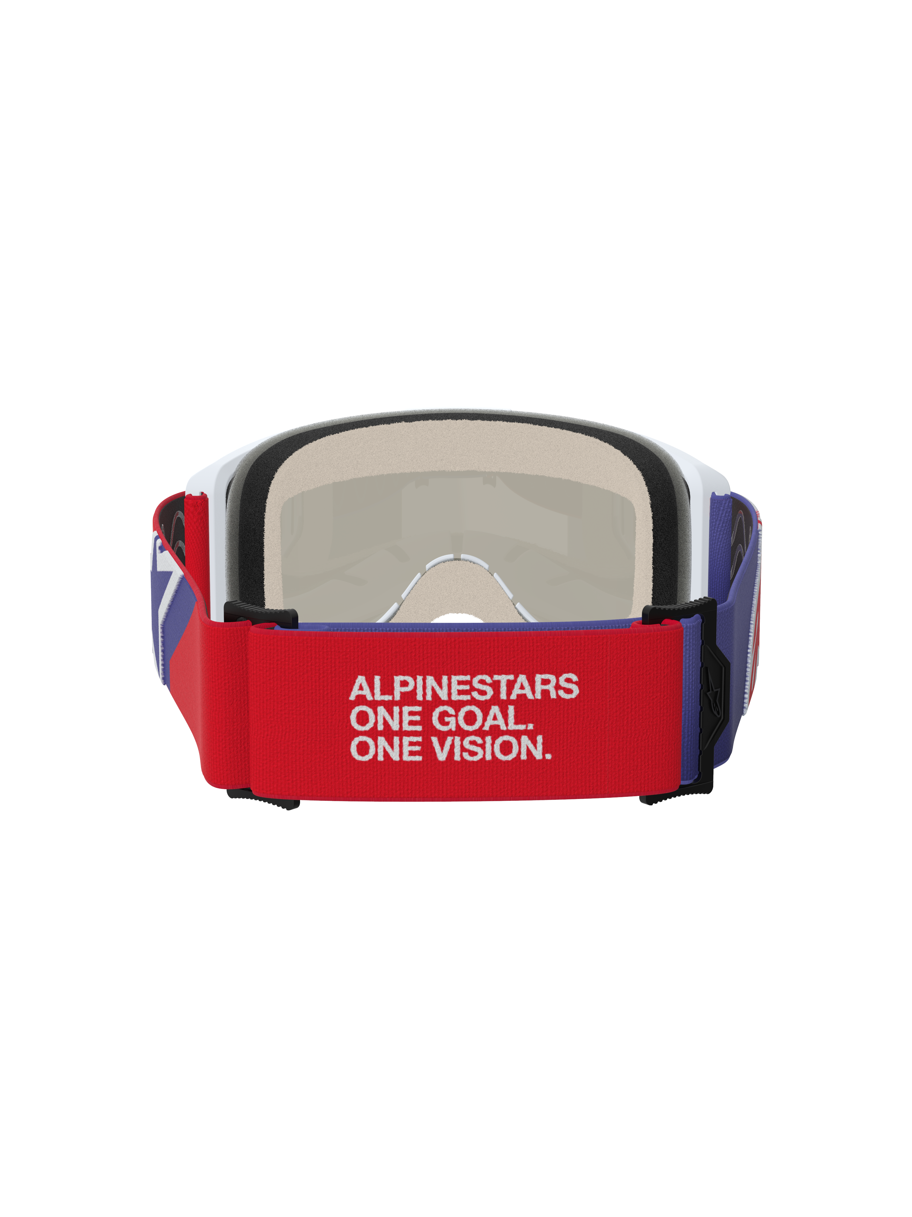 Alpinestars Vision 5 Corp Goggles, motocross-briller, rød og lilla, set bagfra med rød elastikrem med hvidt 'ALPINESTARS ONE GOAL. ONE VISION.' slogan, hvid ramme med beige multi-stage ansigtsskum, holdbar øjenbeskyttelse til off-road
