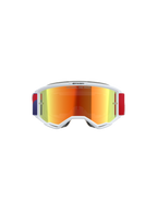 Alpinestars Vision 5 Corp Goggles, motocross-briller, hvid ramme med lilla spejlglas og rød toning, justerbar rød og lilla rem, med 'ONE GOAL. ONE VISION.' tekst på linsen, højtydende beskyttelsesbriller til off-road racing.