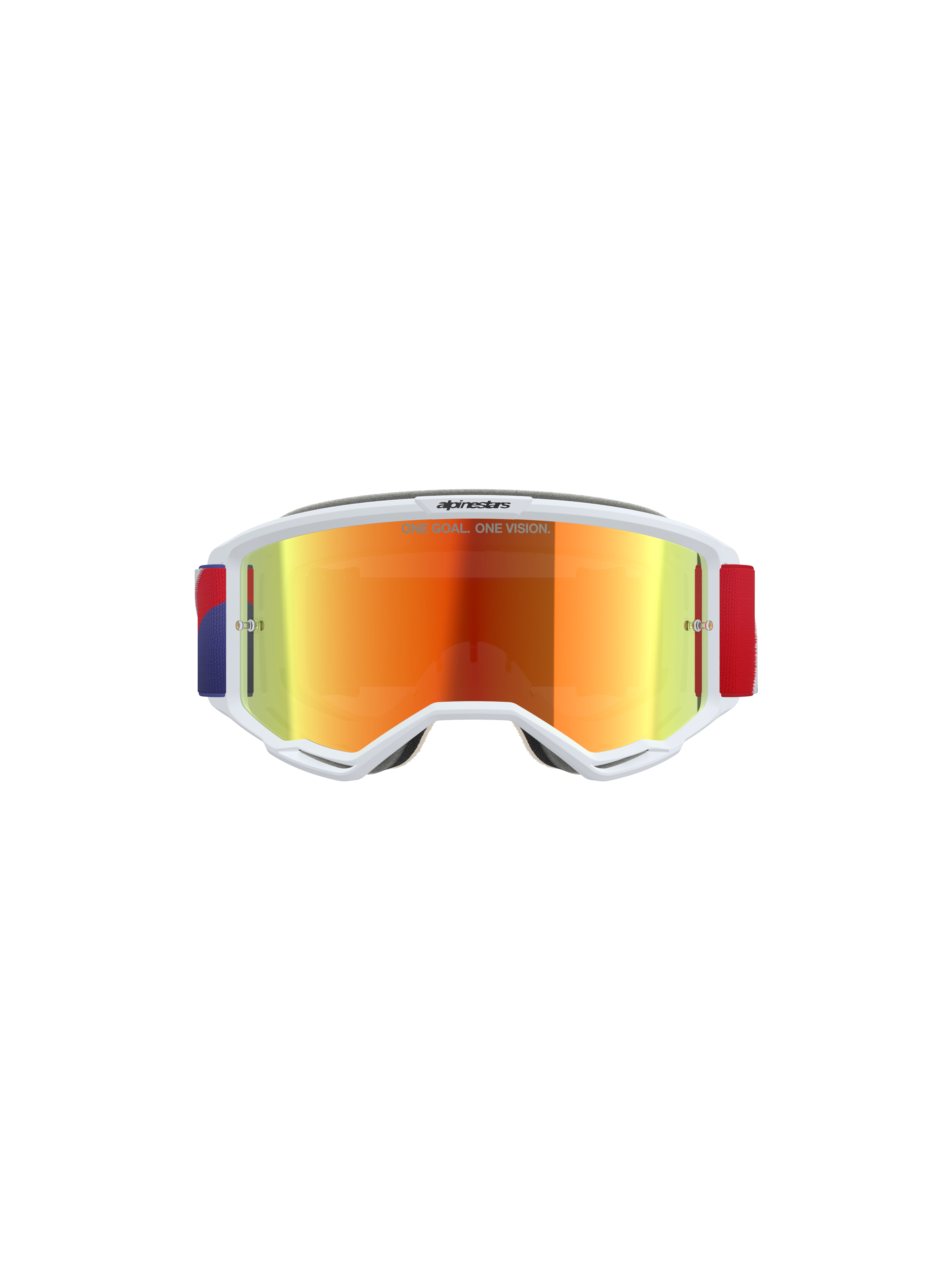Alpinestars Vision 5 Corp Goggles, motocross-briller, hvid ramme med lilla spejlglas og rød toning, justerbar rød og lilla rem, med 'ONE GOAL. ONE VISION.' tekst på linsen, højtydende beskyttelsesbriller til off-road racing.