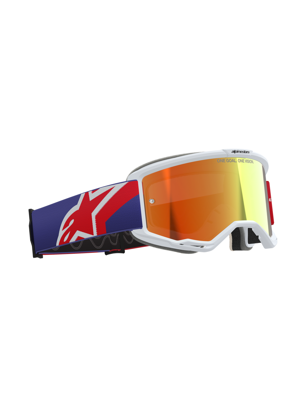 Alpinestars Vision 5 Corp Goggles, motocross-briller, rød og lilla farvekombination med lilla Mirror Red-linse, hvid A-FLEX urethanramme, tykt multi-stage ansigtsskum, bred justerbar rem med rødt og hvidt Alpinestars-logo, professionelt off-road racerudstyr.