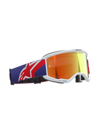 Alpinestars Vision 5 Corp Goggles, motocross-briller, rød og lilla farvekombination med lilla Mirror Red-linse, hvid A-FLEX urethanramme, tykt multi-stage ansigtsskum, bred justerbar rem med rødt og hvidt Alpinestars-logo, professionelt off-road racerudstyr.