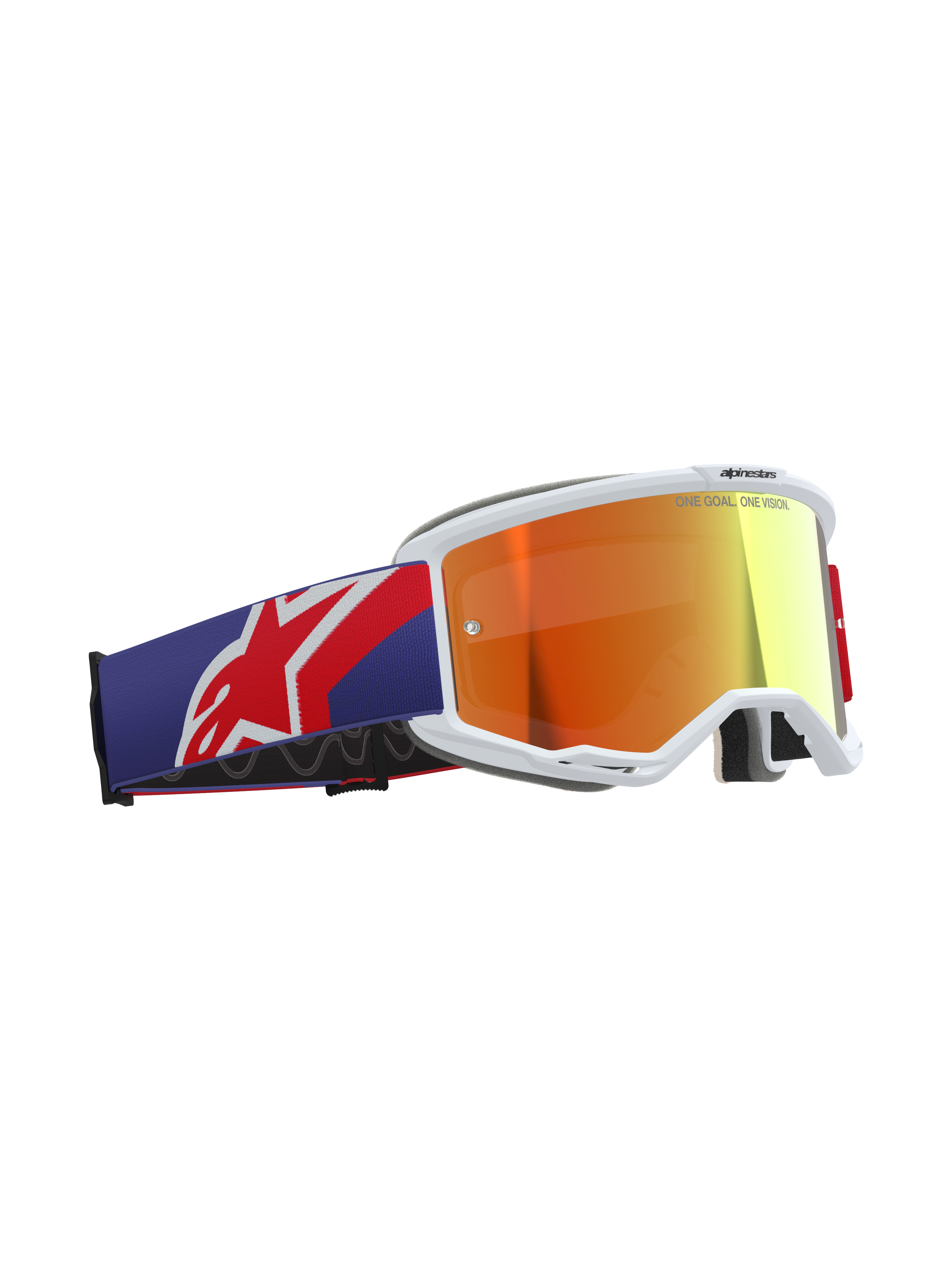 Alpinestars Vision 5 Corp Goggles, motocross-briller, rød og lilla farvekombination med lilla Mirror Red-linse, hvid A-FLEX urethanramme, tykt multi-stage ansigtsskum, bred justerbar rem med rødt og hvidt Alpinestars-logo, professionelt off-road racerudstyr.
