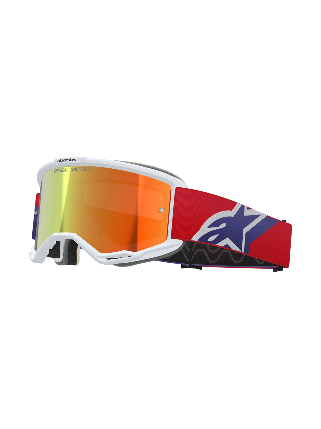 Alpinestars Vision 5 Corp Goggles, hvid ramme med orange og lilla reflekterende spejllinse, "ONE GOAL. ONE VISION." branding, rød rem med blåt og hvidt stjernelogo, motocross-racerbriller