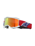 Alpinestars Vision 5 Corp Goggles, hvid ramme med orange og lilla reflekterende spejllinse, "ONE GOAL. ONE VISION." branding, rød rem med blåt og hvidt stjernelogo, motocross-racerbriller