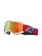 Alpinestars Vision 5 Corp Goggles, hvid ramme med orange og lilla reflekterende spejllinse, "ONE GOAL. ONE VISION." branding, rød rem med blåt og hvidt stjernelogo, motocross-racerbriller
