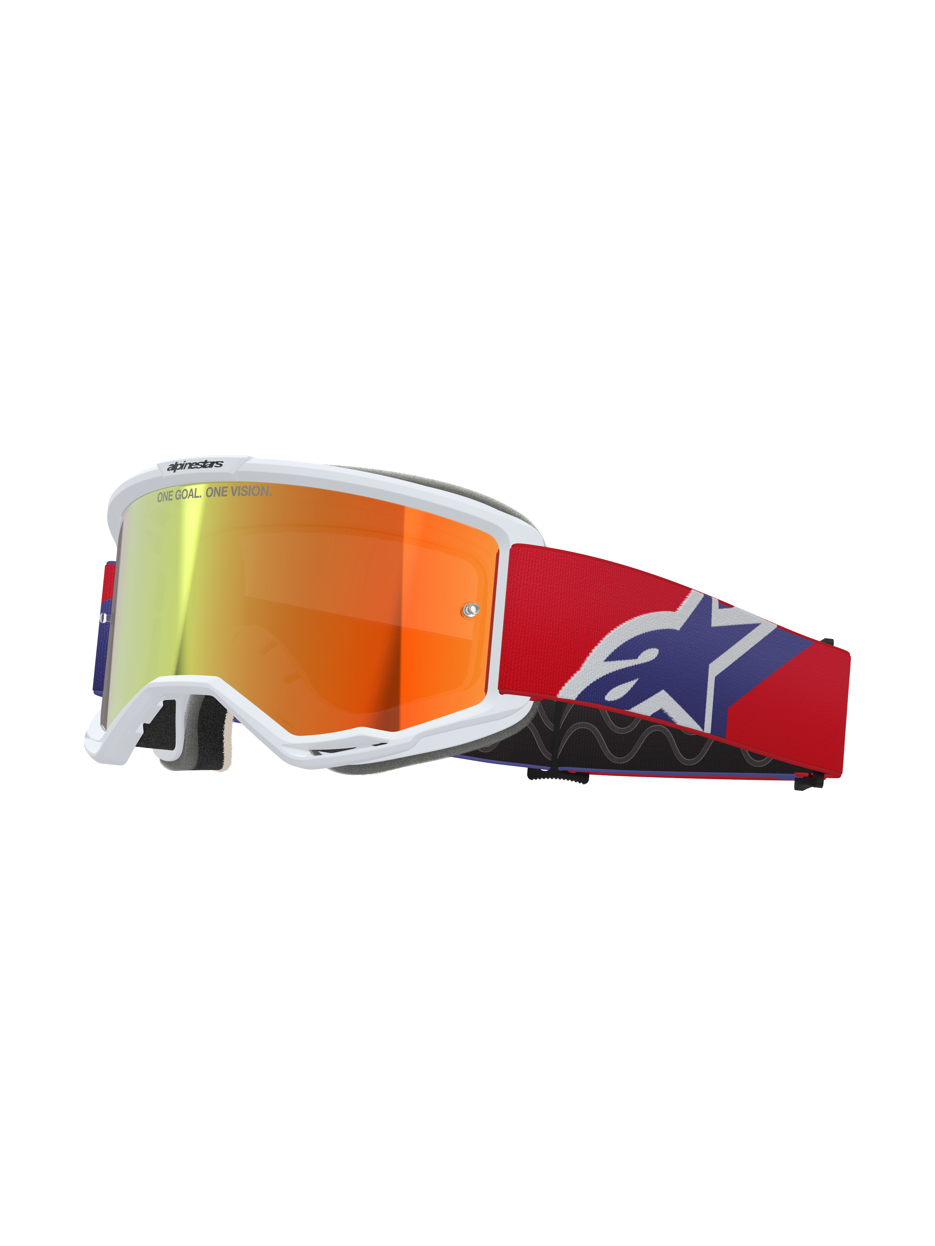 Alpinestars Vision 5 Corp Goggles, hvid ramme med orange og lilla reflekterende spejllinse, "ONE GOAL. ONE VISION." branding, rød rem med blåt og hvidt stjernelogo, motocross-racerbriller