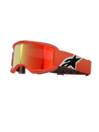 Alpinestars Vision 5 Corp Goggles, Motocross MX Goggles, Orange frame with Red Mirror lens, featuring a wide orange strap with a bold black and white Astar logo, 'ONE GOAL. ONE VISION.' lens branding, and thick black comfort foam.