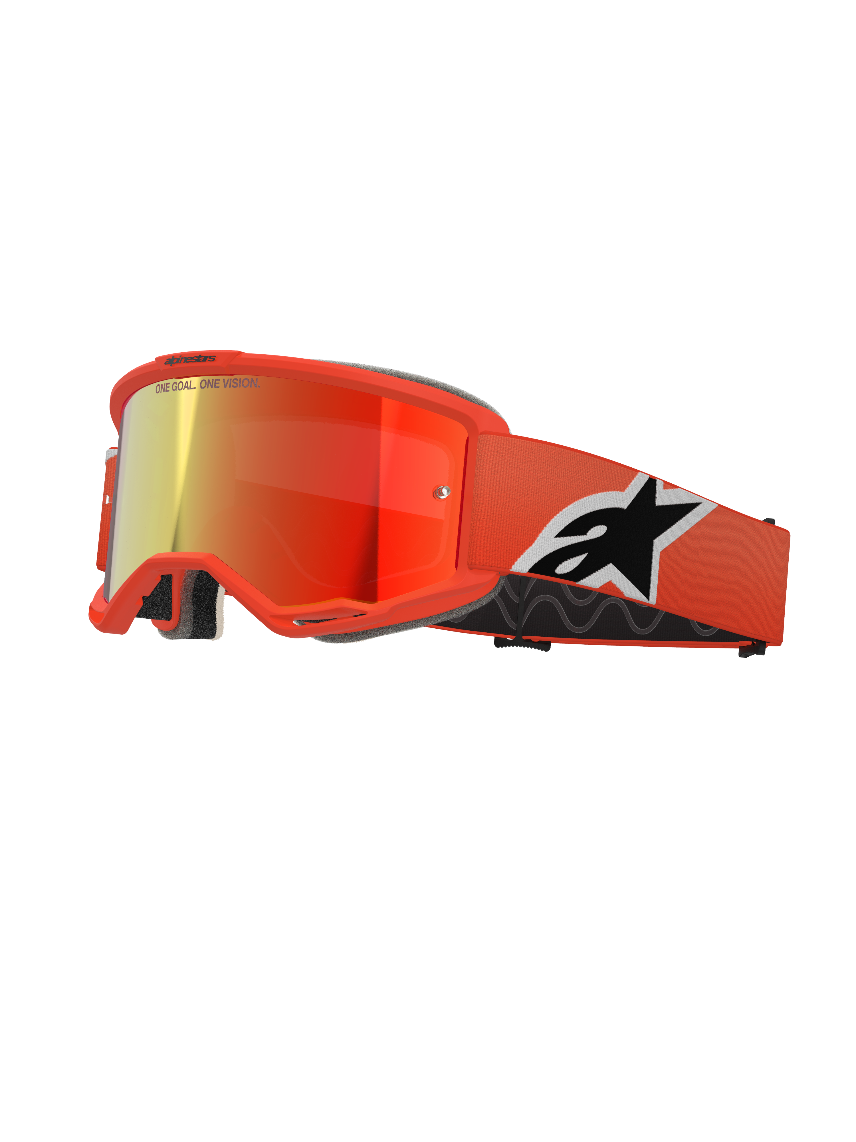 Alpinestars Vision 5 Corp briller, motocross MX-briller, orange ramme med rød spejllinse, bred orange rem med et markant sort og hvidt Astar-logo, 'ONE GOAL. ONE VISION.' branding på linsen, tykt sort komfortskum