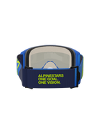 Alpinestars Vision 5 Corp Goggles, Blue and Yellow Fluo, rear view showing dark blue strap with lime green 'Alpinestars One Goal One Vision' text, blue frame and multi-stage face foam, motocross eye protection