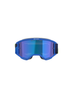 Alpinestars Vision 5 Corp Goggles, Motocross Goggles, Blue and Yellow Fluo, Mirror Blue lens with 'ONE GOAL. ONE VISION.' text, front view, ultra-pliable A-FLEX urethane frame, protective eyewear for off-road performance