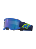Alpinestars Vision 5 Corp Goggles, Motocross Goggles, Blue frame with mirrored blue lens, navy strap with large neon yellow A-star logo, profile view showing ventilated frame and grey face foam, "ONE GOAL. ONE VISION." branding