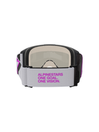 Alpines tars Vision 5 Corp Gogg les, mo tocros s-brille r, ly segrå o g lilla spejl sølv, set b agfra med bred vævet rem med l illa b randin g, fle rlags ansig tssku m og h oldbar ramme konst ruktio n