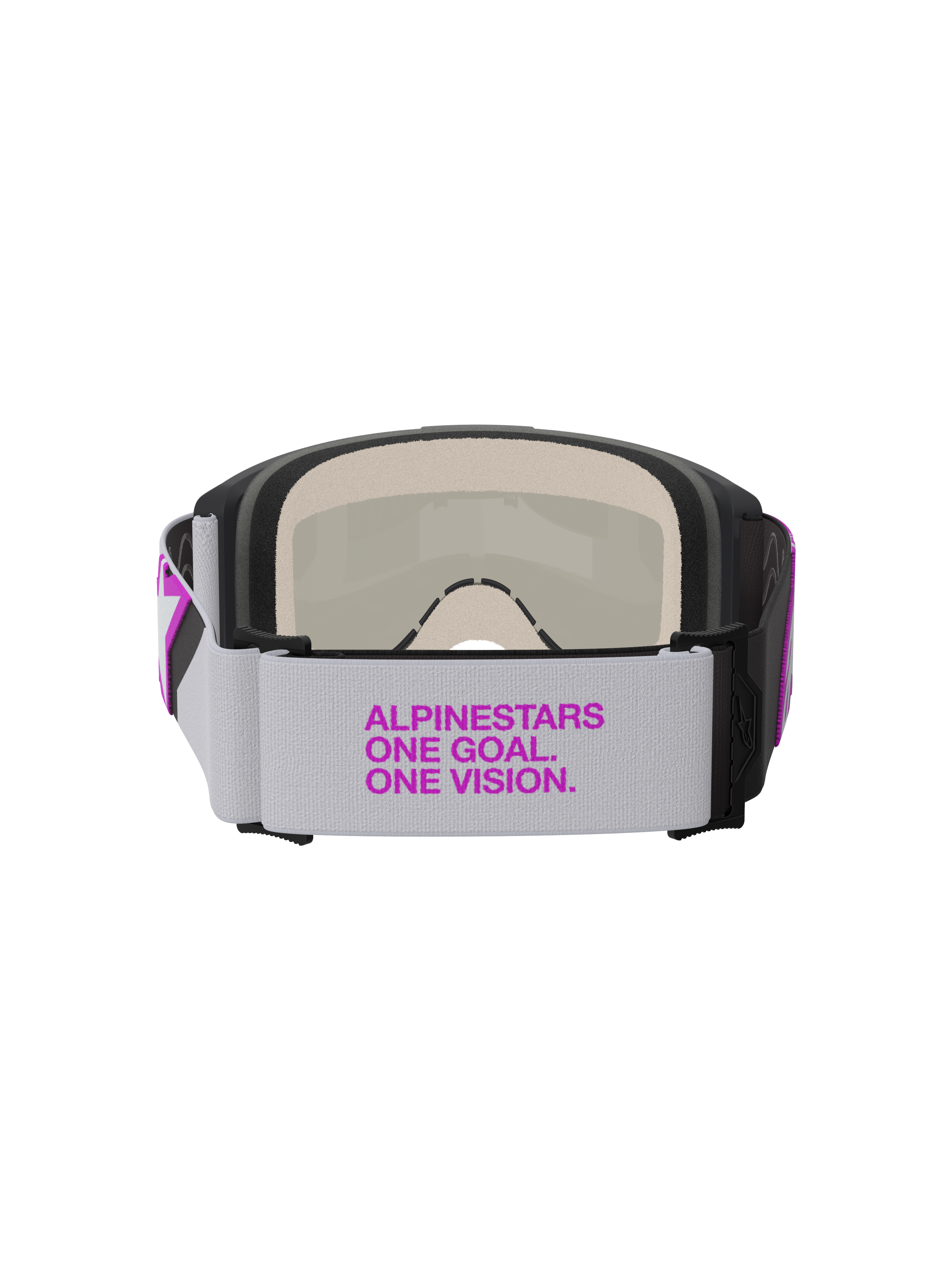 Alpines tars Vision 5 Corp Gogg les, mo tocros s-brille r, ly segrå o g lilla spejl sølv, set b agfra med bred vævet rem med l illa b randin g, fle rlags ansig tssku m og h oldbar ramme konst ruktio n