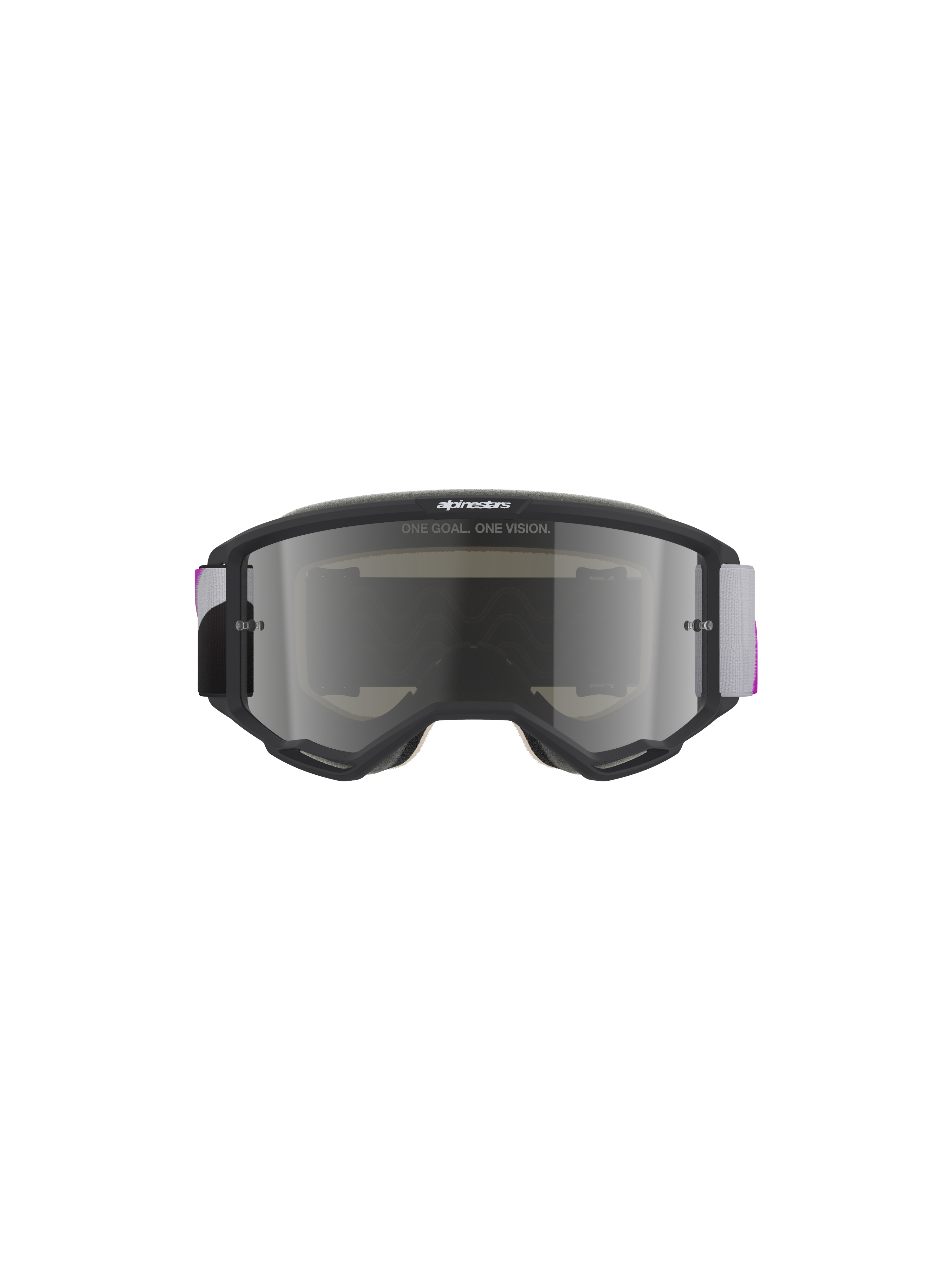 Alpinestars Vision 5 Corp Goggles, motocross-briller, lysegrå ramme med Purple Mirror Silver-linse, set forfra med 'ONE GOAL. ONE VISION.'-tekst, justerbar grå og lilla vævet rem, højtydende off-road øjenbeskyttelse