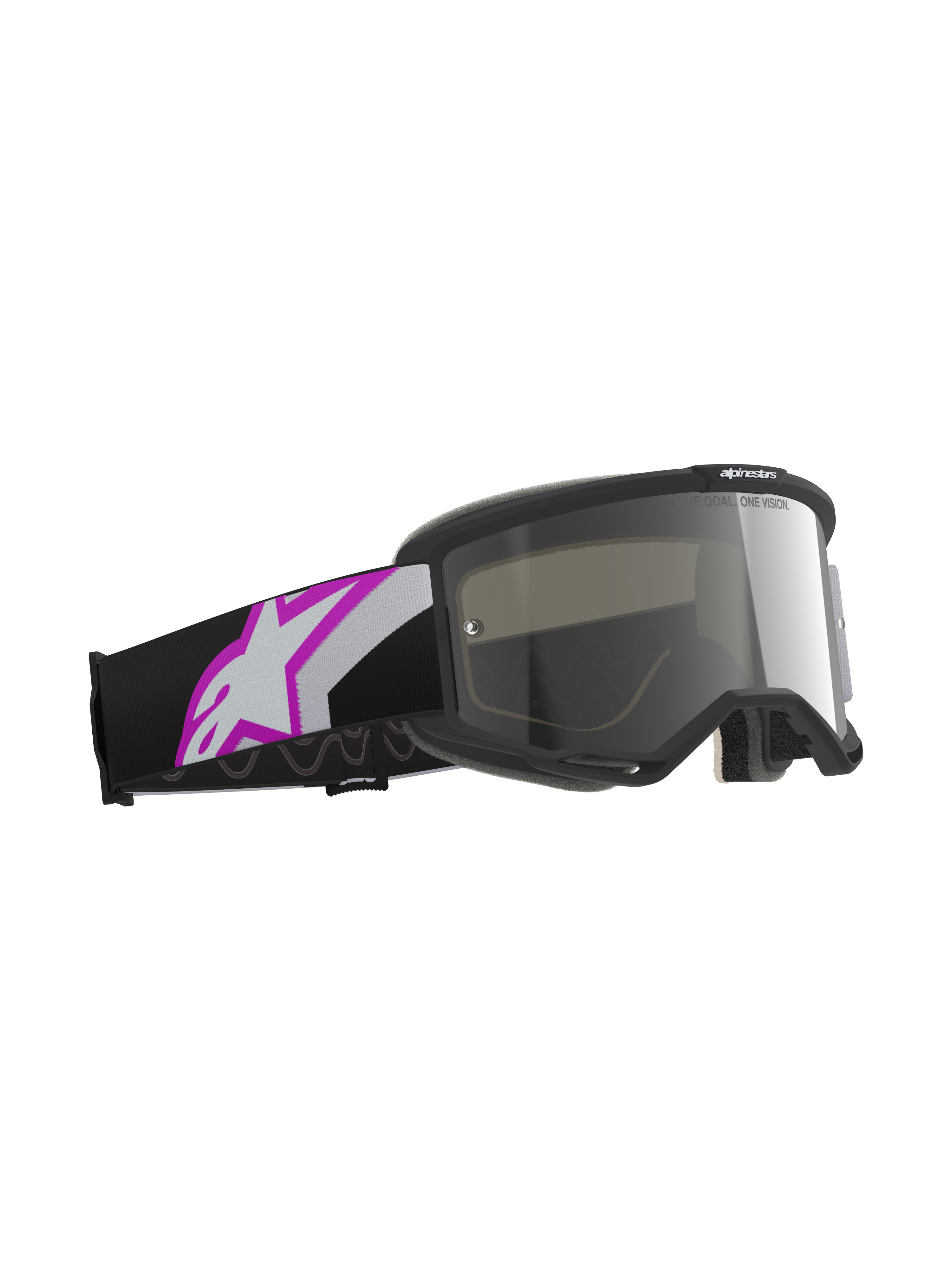 Alpinestars Vision 5 Corp Goggles, lysegrå ramme med Purple Mirror Silver-linse, motocross-briller med sort rem og stort hvidt og lilla Astars-logo, professionelt off-road racerudstyr