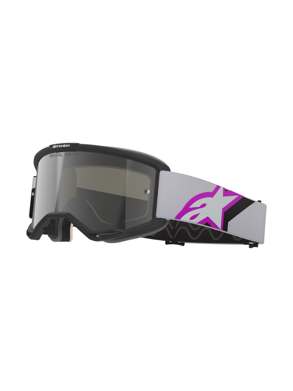 Alpinestars Vision 5 Corp Goggles, motocross-briller, lysegrå og lilla spejlsølv, sort ramme med sølvfarvet spejllinse, lysegrå vævet rem med et stort lilla og sort stjernelogo, flerlags ansigtsskum for tæt pasform, professionelle beskyttelsesbriller til terrænkørsel
