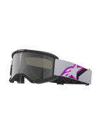 Alpinestars Vision 5 Corp Goggles, motocross-briller, lysegrå og lilla spejlsølv, sort ramme med sølvfarvet spejllinse, lysegrå vævet rem med et stort lilla og sort stjernelogo, flerlags ansigtsskum for tæt pasform, professionelle beskyttelsesbriller til terrænkørsel