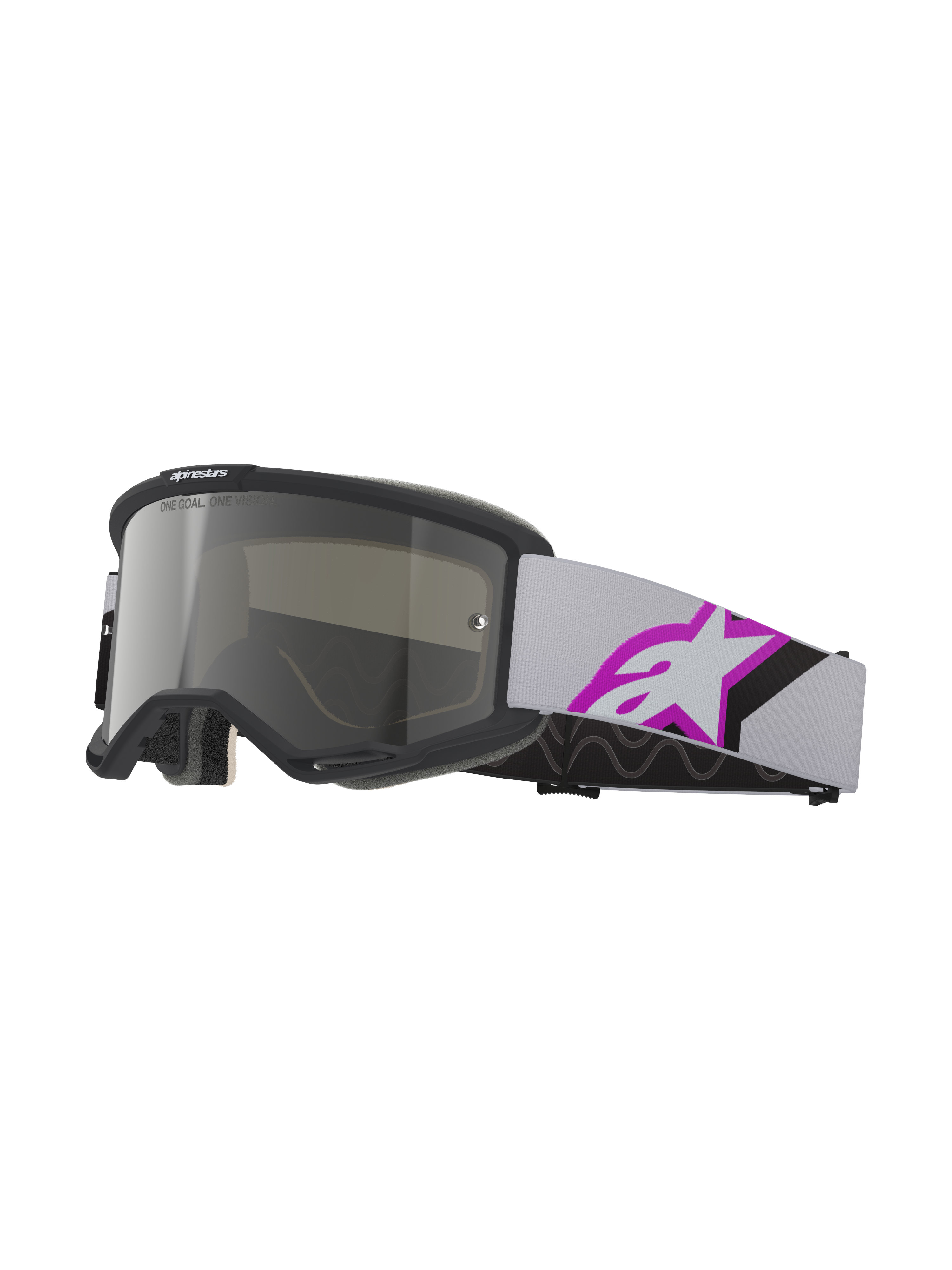 Alpinestars Vision 5 Corp Goggles, motocross-briller, lysegrå og lilla spejlsølv, sort ramme med sølvfarvet spejllinse, lysegrå vævet rem med et stort lilla og sort stjernelogo, flerlags ansigtsskum for tæt pasform, professionelle beskyttelsesbriller til terrænkørsel