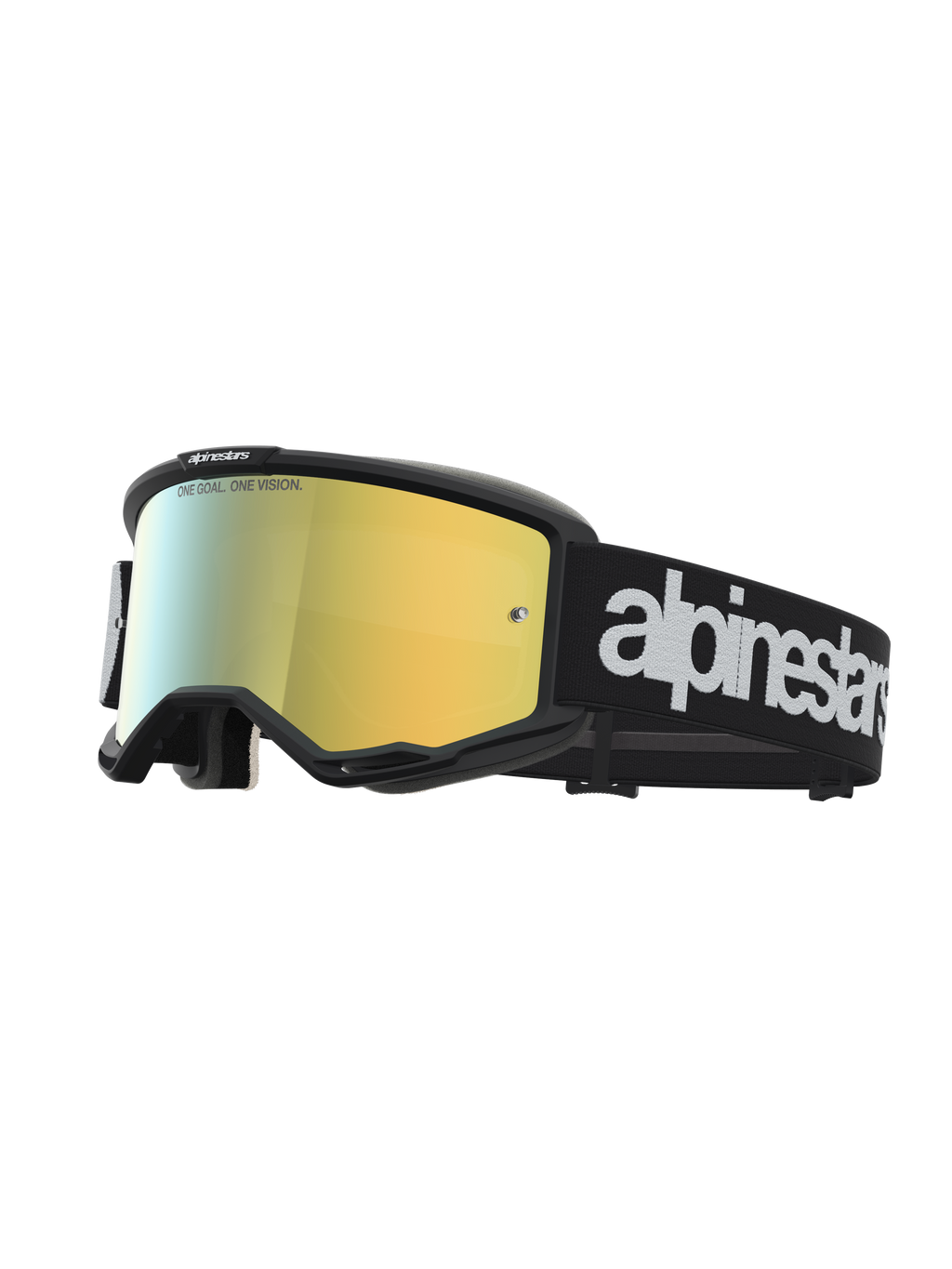Alpinestars Vision 5 Hone goggles, motocrossbriller, sort og guld, A-FLEX ramme med guldspejllinse og hvidt logo på sort rem.