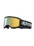 Alpinestars Vision 5 Hone goggles, motocrossbriller, sort og guld, A-FLEX ramme med guldspejllinse og hvidt logo på sort rem.