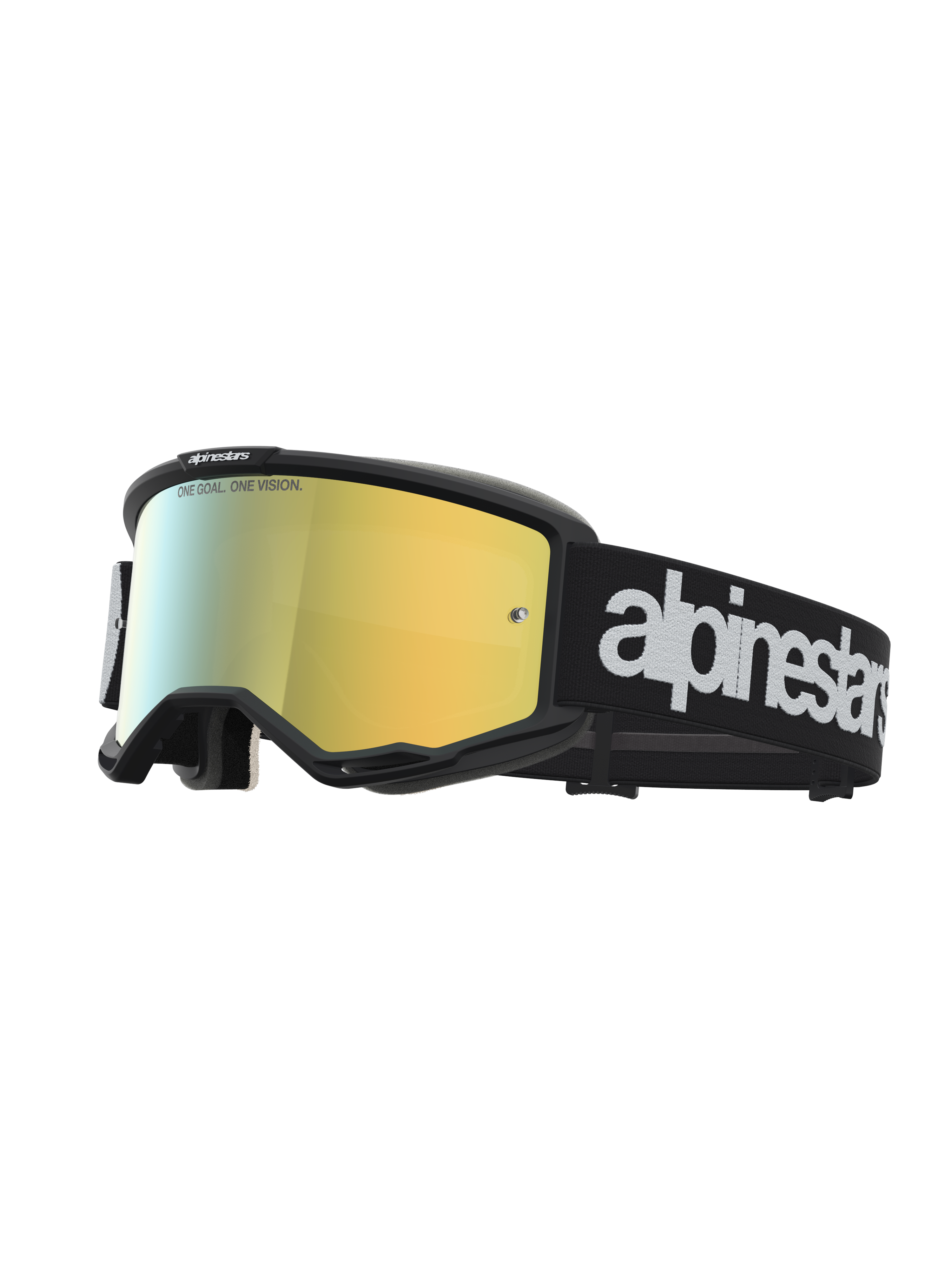 Alpinestars Vision 5 Hone goggles, motocrossbriller, sort og guld, A-FLEX ramme med guldspejllinse og hvidt logo på sort rem.