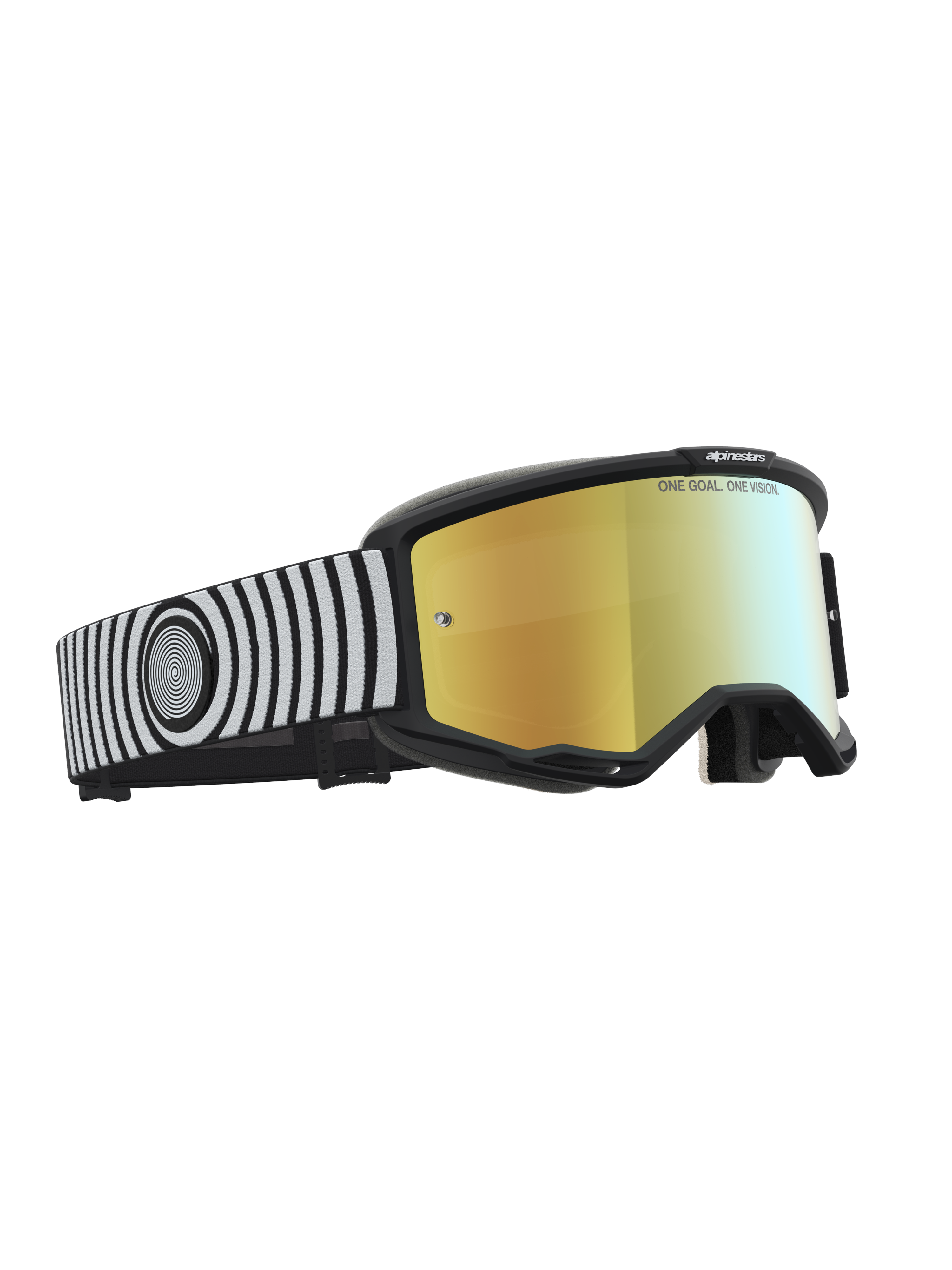 Alpinestars Vision 5 Hone goggles, motocrossbriller, sort og hvid med guld spejllinse og fleksibel A-FLEX ramme