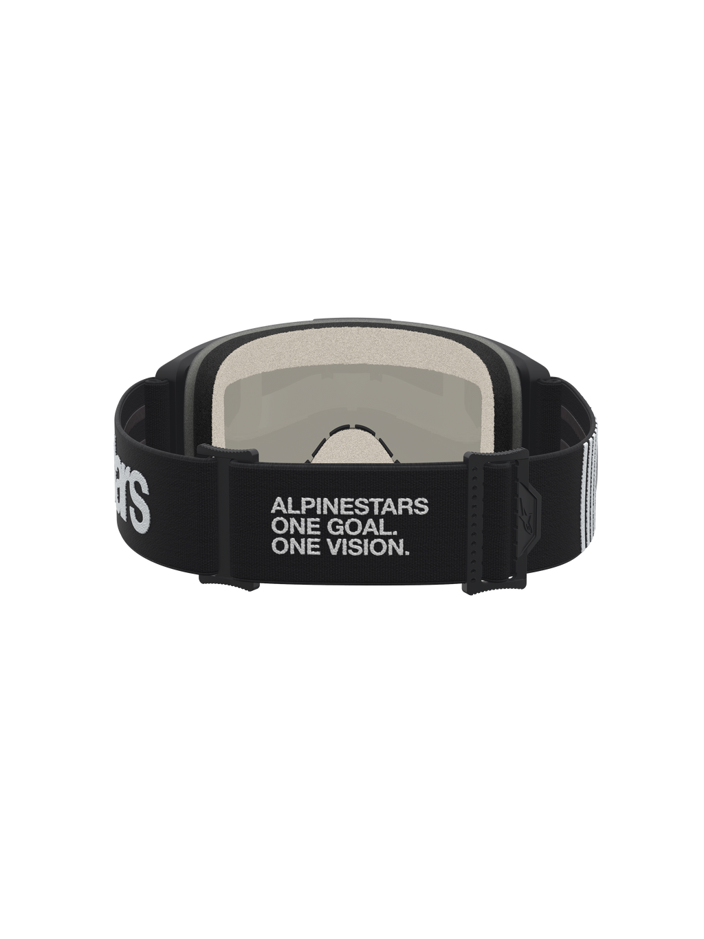 Alpinestars Vision 5 Hone goggles, sort og hvid motocrossgoggles, rem med One Goal One Vision-tekst og blødt ansigtsskum