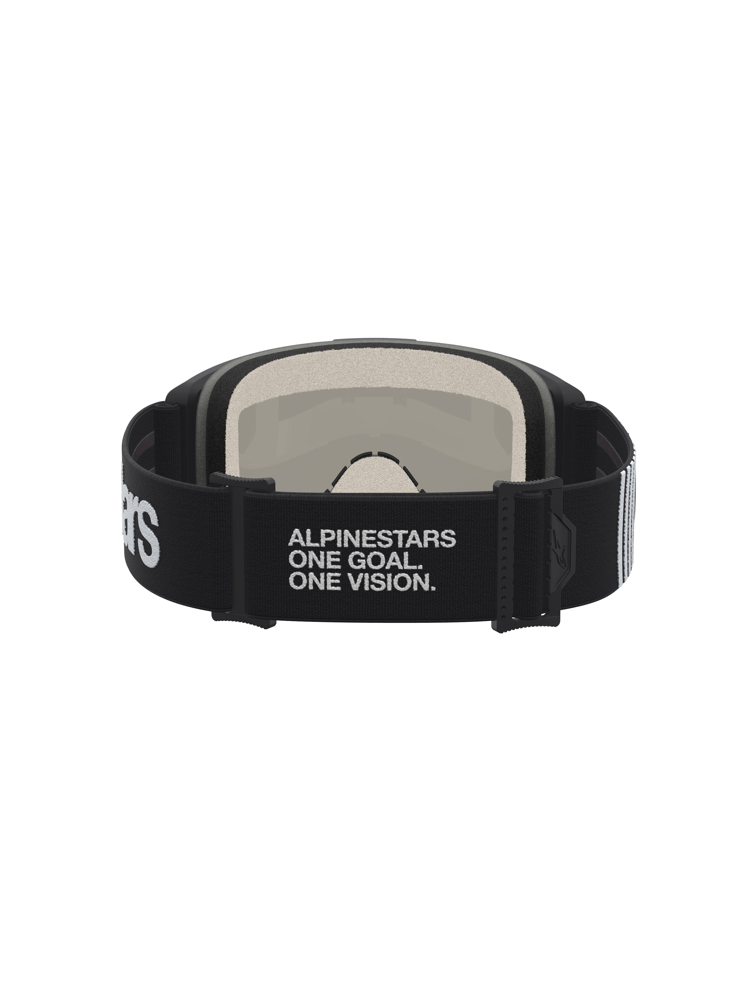 Alpinestars Vision 5 Hone goggles, sort og hvid motocrossgoggles, rem med One Goal One Vision-tekst og blødt ansigtsskum