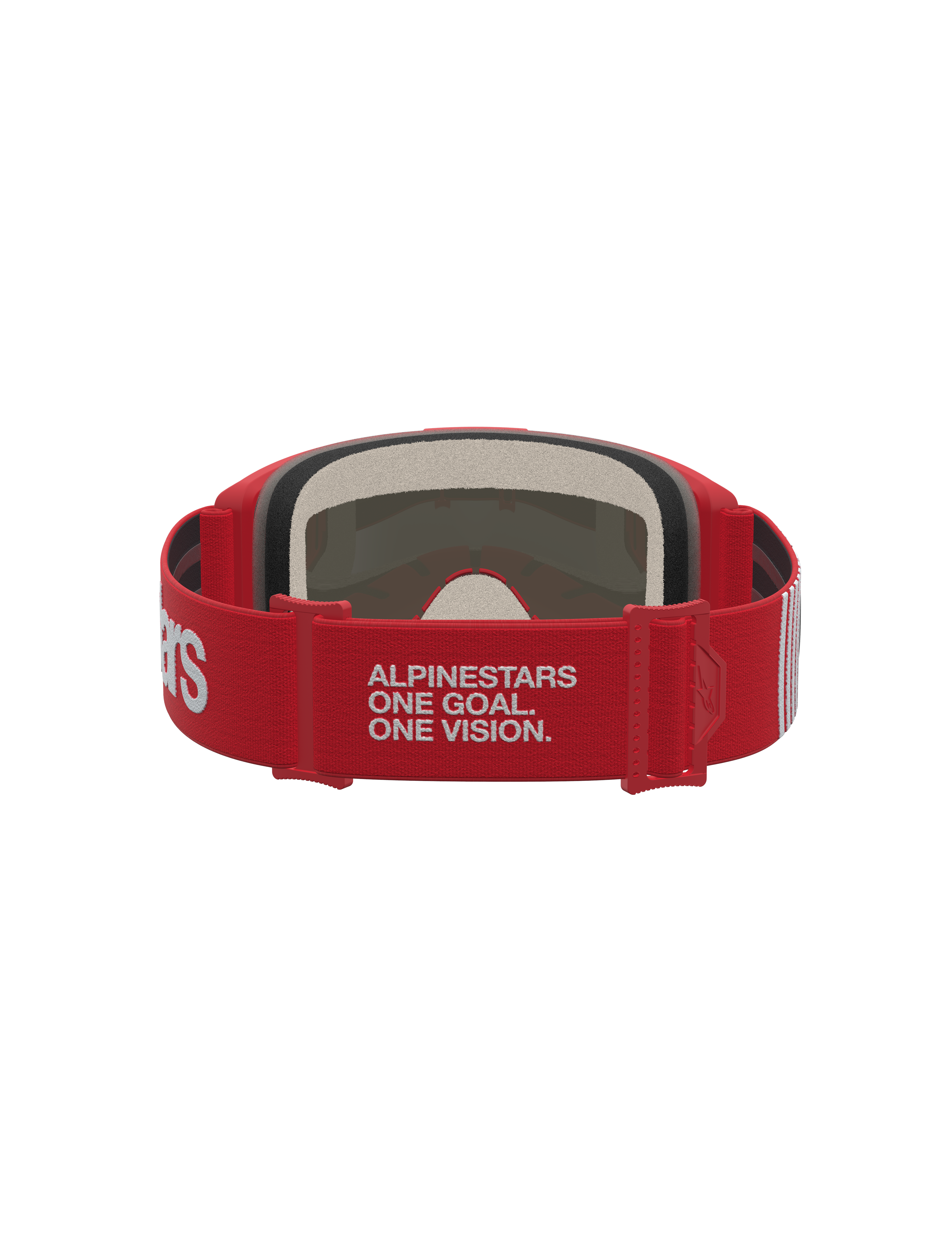Alpinestars Vision 5 Hone Goggles, Red and White motocross eyewear with One Goal One Vision branding on the rear strap.