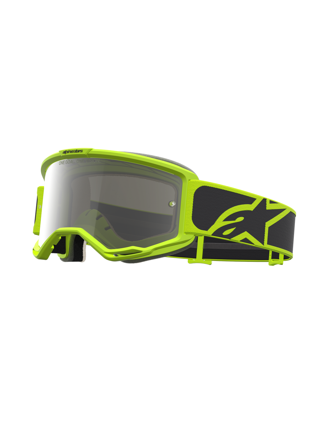 Alpinestars Vision 5 Rora goggles, motocross-goggles i sort og gul fluo med sølv spejllinse og RAM-AIR ventilation.