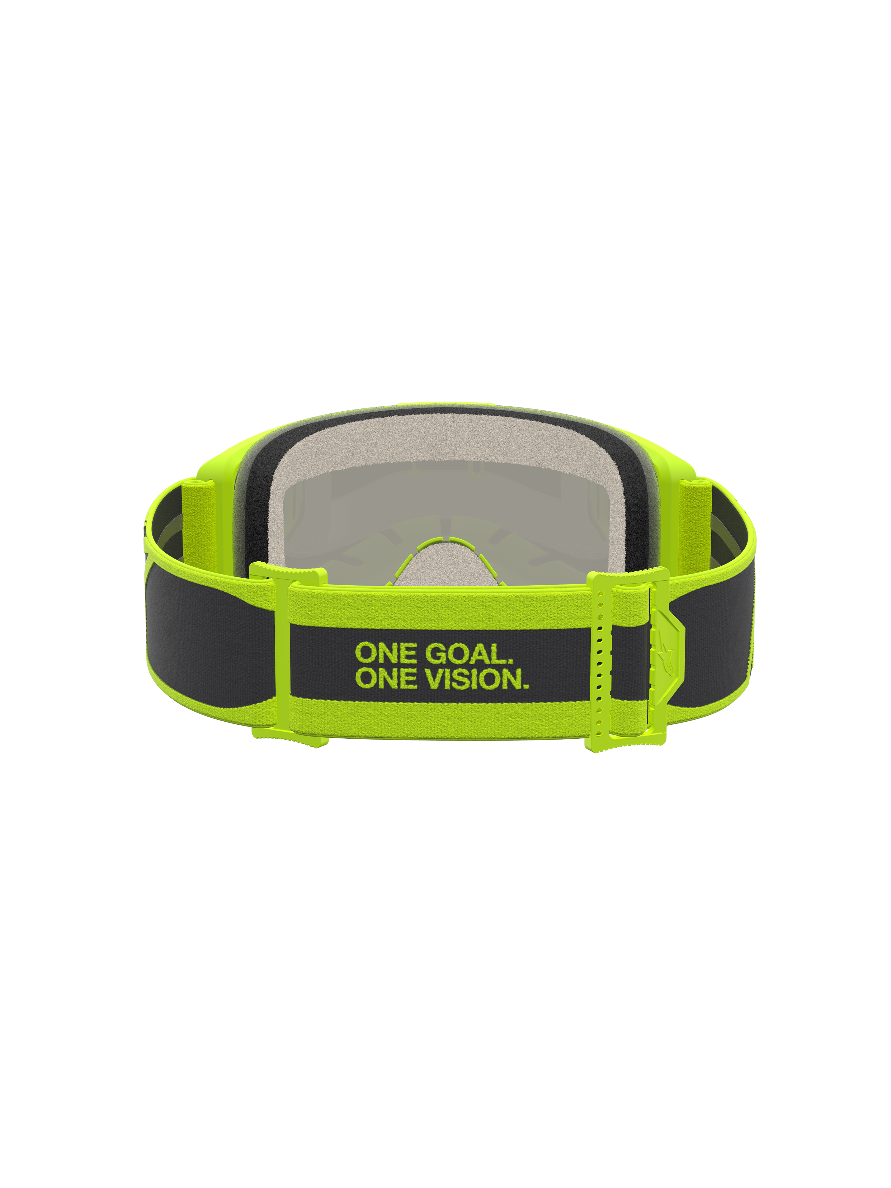Alpinestars Vision 5 Rora Motocross Goggles, Black and Yellow Fluo, featuring the 'ONE GOAL. ONE VISION.' branded strap.
