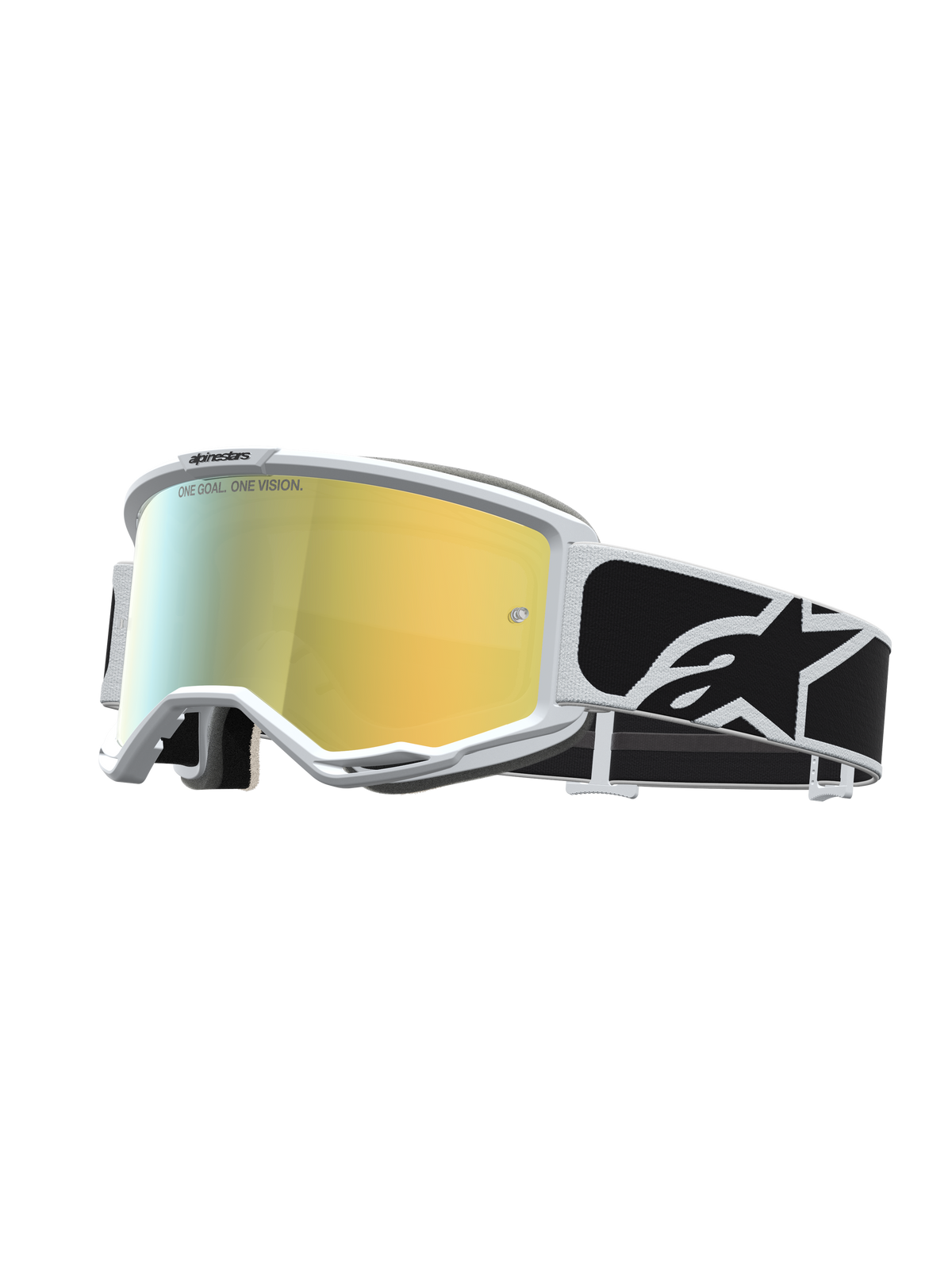 Alpinestars Vision 5 Rora goggles, motocrossbriller med hvid ramme, guldspejllinse og sort logorem.