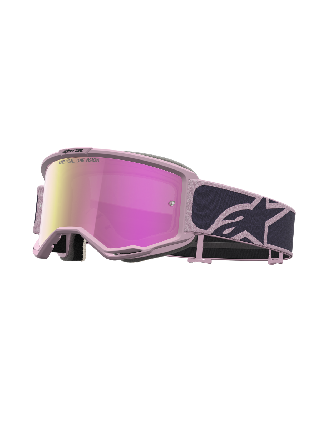 Alpinestars Vision 5 Rora motocrossbriller i grå og pink med pink spejllinse og fleksibel A-FLEX ramme.