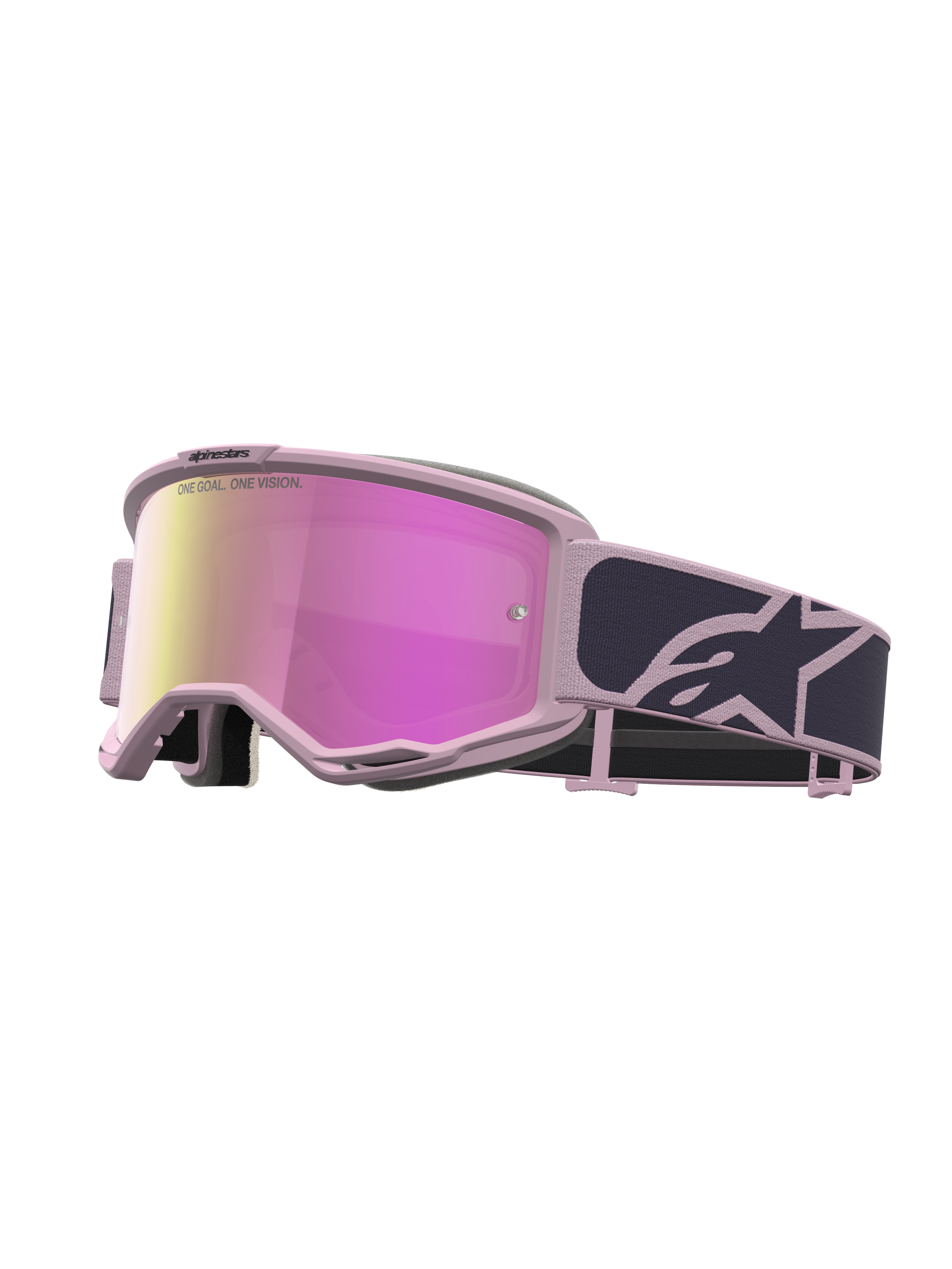 Alpinestars Vision 5 Rora Motocross Goggles in graystone and pink with a pink mirror lens and pliable A-FLEX urethane frame.