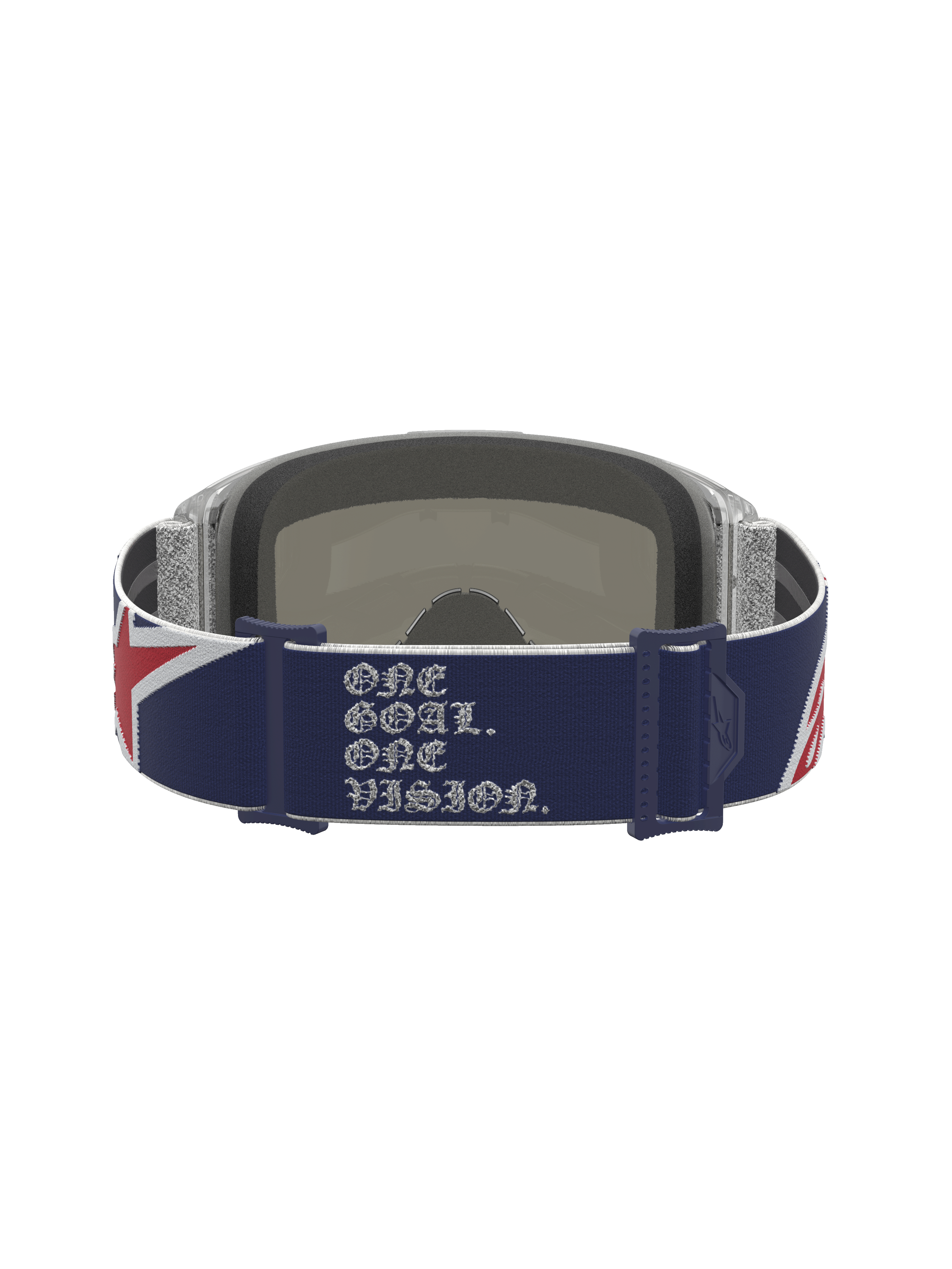Alpinestars Limited Edition Vision 5 Fiftyfold Goggles, rear view showing blue and red strap with white slogan text.