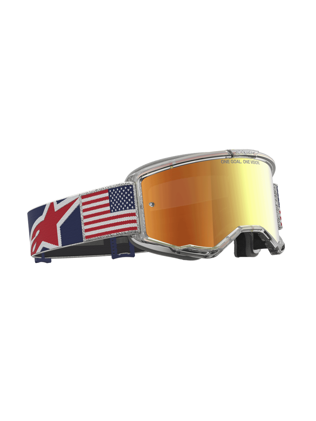 Alpinestars Limited Edition Vision 5 Fiftyfold Motocross Goggles with mirror red lens, clear frame, and US flag strap.