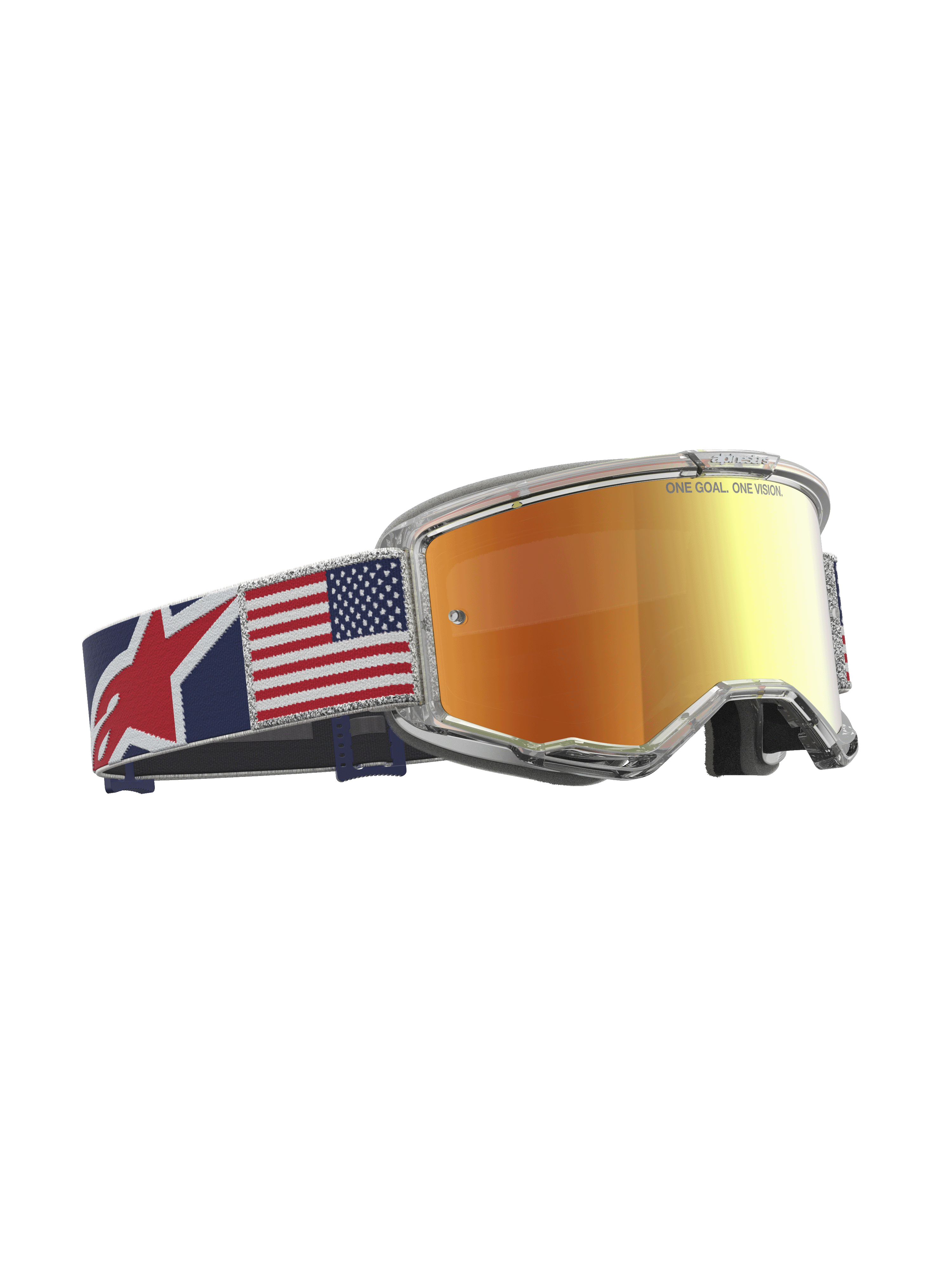 Alpinestars Limited Edition Vision 5 Fiftyfold Motocross Goggles with mirror red lens, clear frame, and US flag strap.
