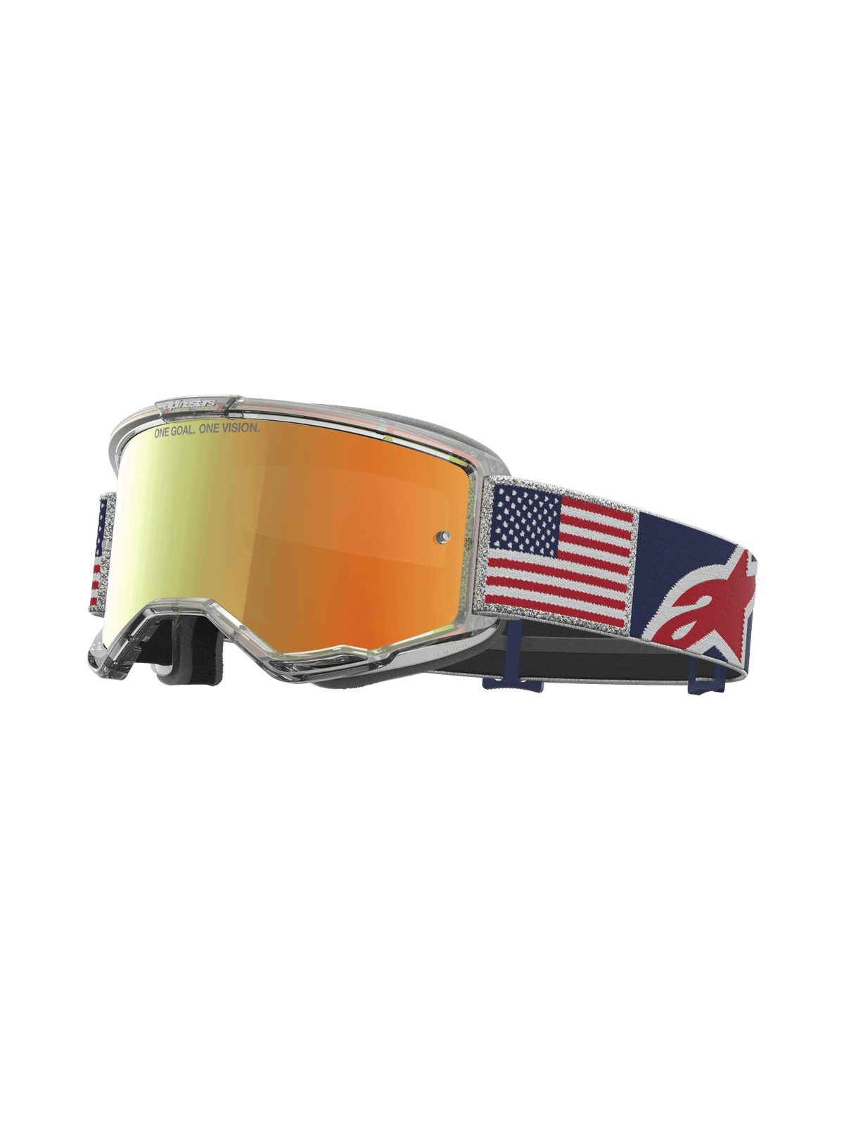 Alpinestars Vision 5 Le Fiftyfold goggles, motocross-goggles med rød spejlreflekslinse, USA-flag rem og klar A-FLEX ramme.