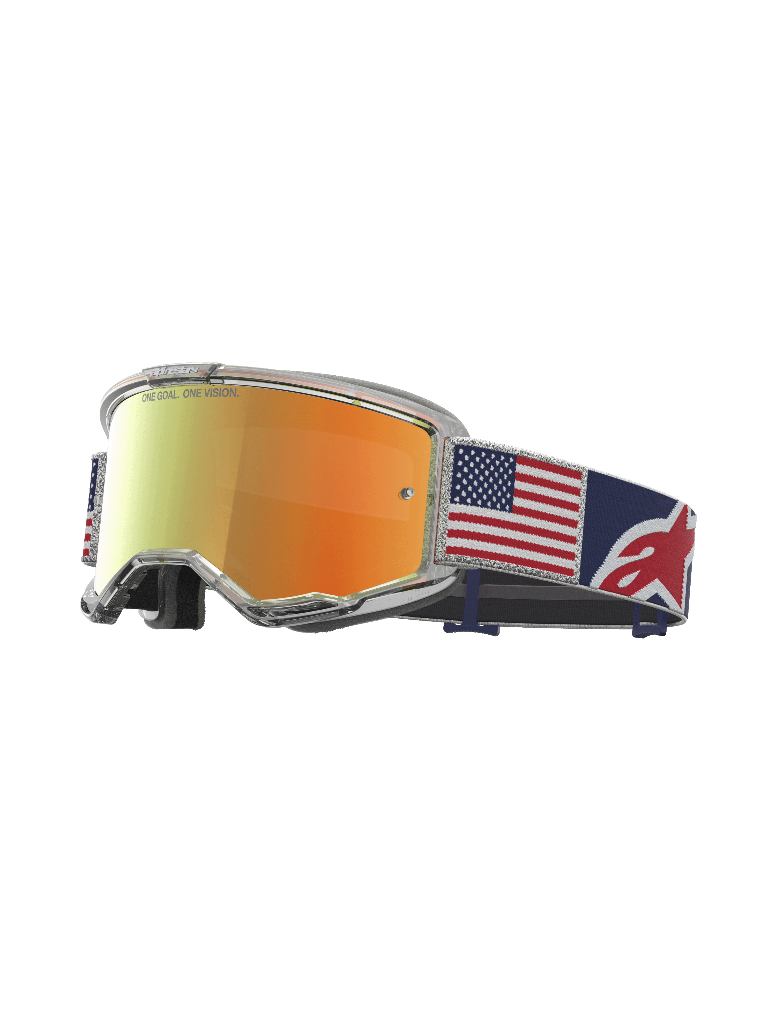 Alpinestars Vision 5 Le Fiftyfold goggles, motocross-goggles med rød spejlreflekslinse, USA-flag rem og klar A-FLEX ramme.