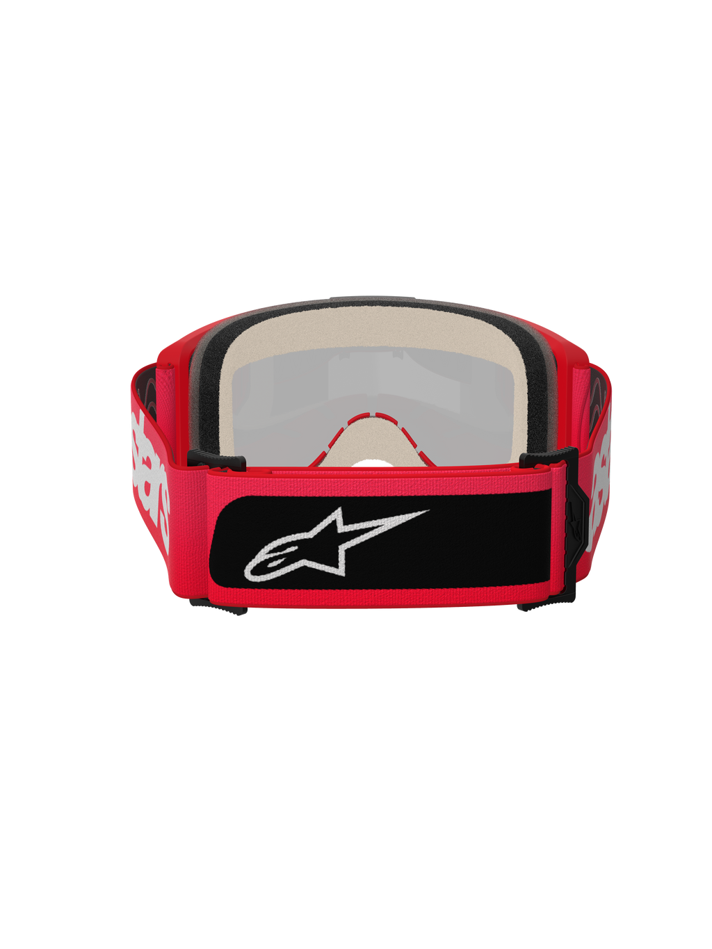 Alpinestars Vision 5 Blaze Goggles, motocross-briller, rød, set bagfra med tykt flerlags ansigtsskum og en bred justerbar rem med hvide Alpinestars-bogstaver og et sort logo-mærke
