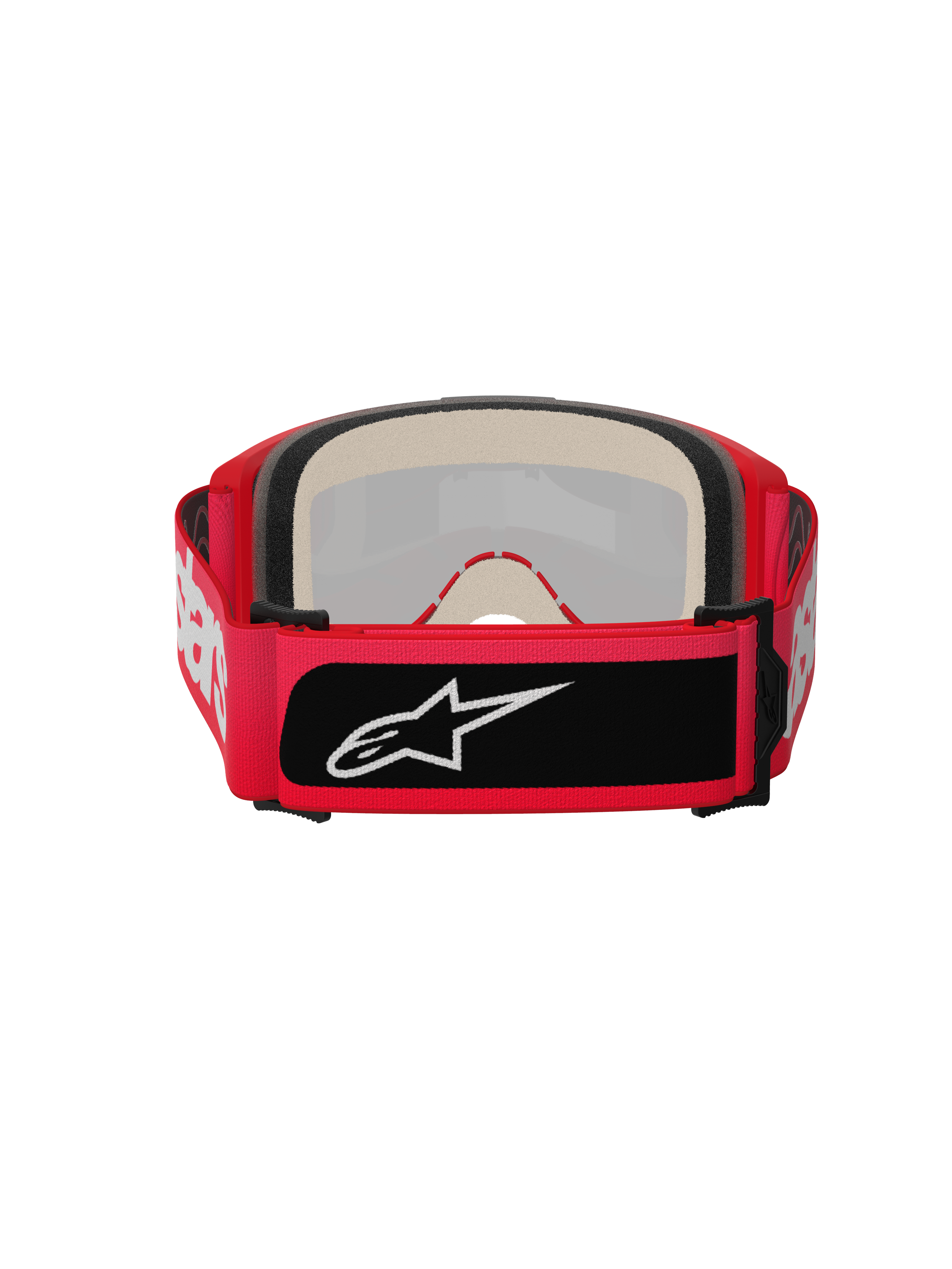 Alpinestars Vision 5 Blaze Goggles, motocross-briller, rød, set bagfra med tykt flerlags ansigtsskum og en bred justerbar rem med hvide Alpinestars-bogstaver og et sort logo-mærke