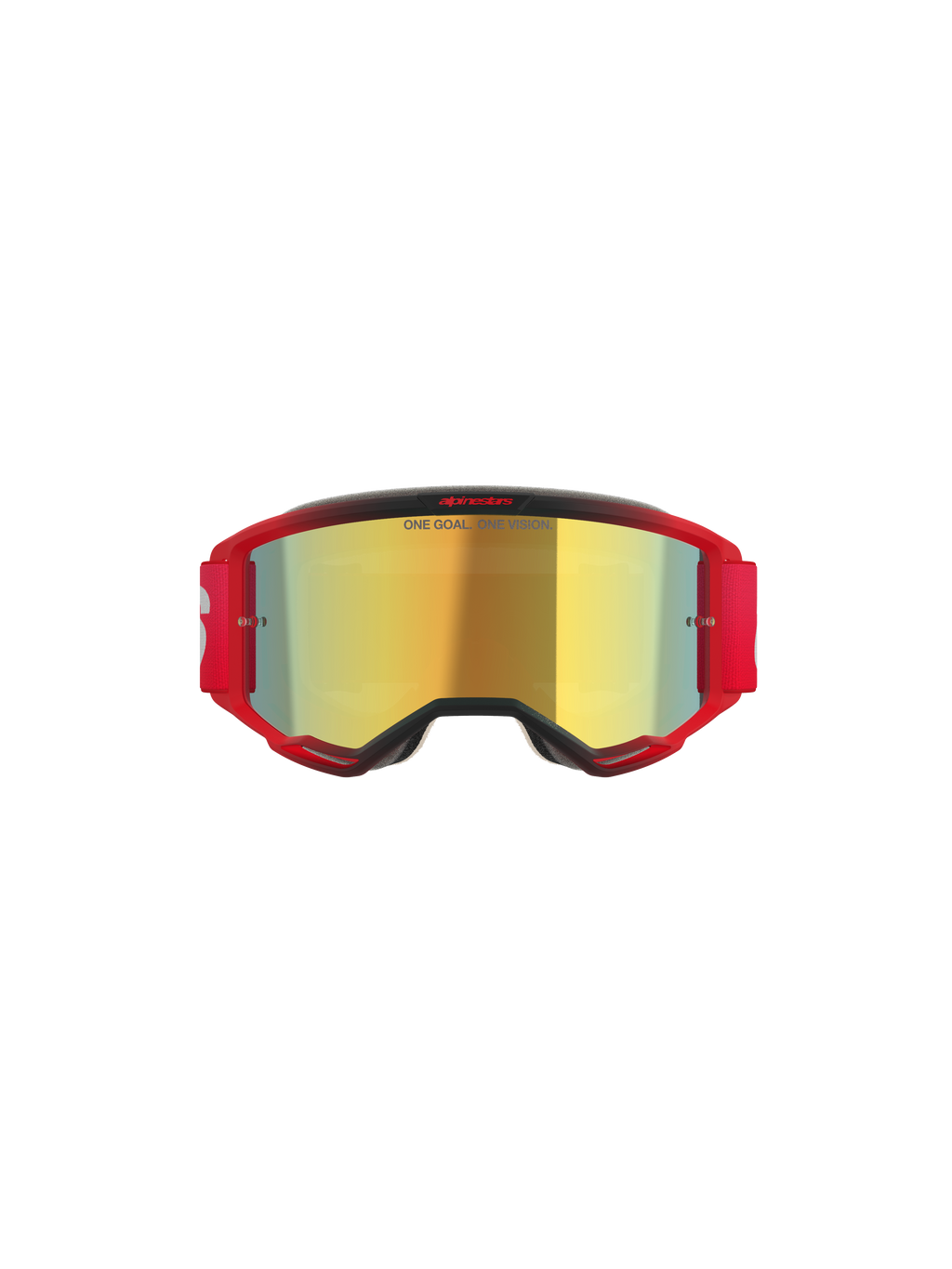 Alpinestars Vision 5 Blaze Goggles, motocross-briller, rød ramme med Gold Mirror-linse, har 'ONE GOAL. ONE VISION.'-tekst på linsen, rød elastikrem med hvidt logo, professionel motocross-øjenbeskyttelse