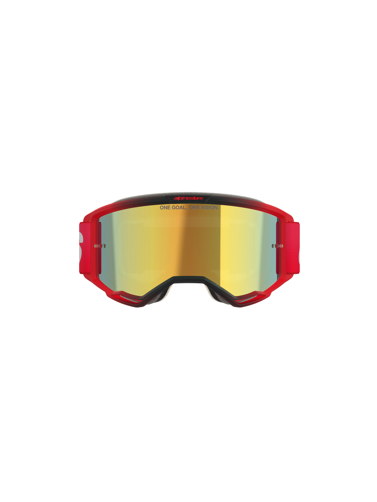Alpinestars Vision 5 Blaze Goggles, motocross-briller, rød ramme med Gold Mirror-linse, har 'ONE GOAL. ONE VISION.'-tekst på linsen, rød elastikrem med hvidt logo, professionel motocross-øjenbeskyttelse