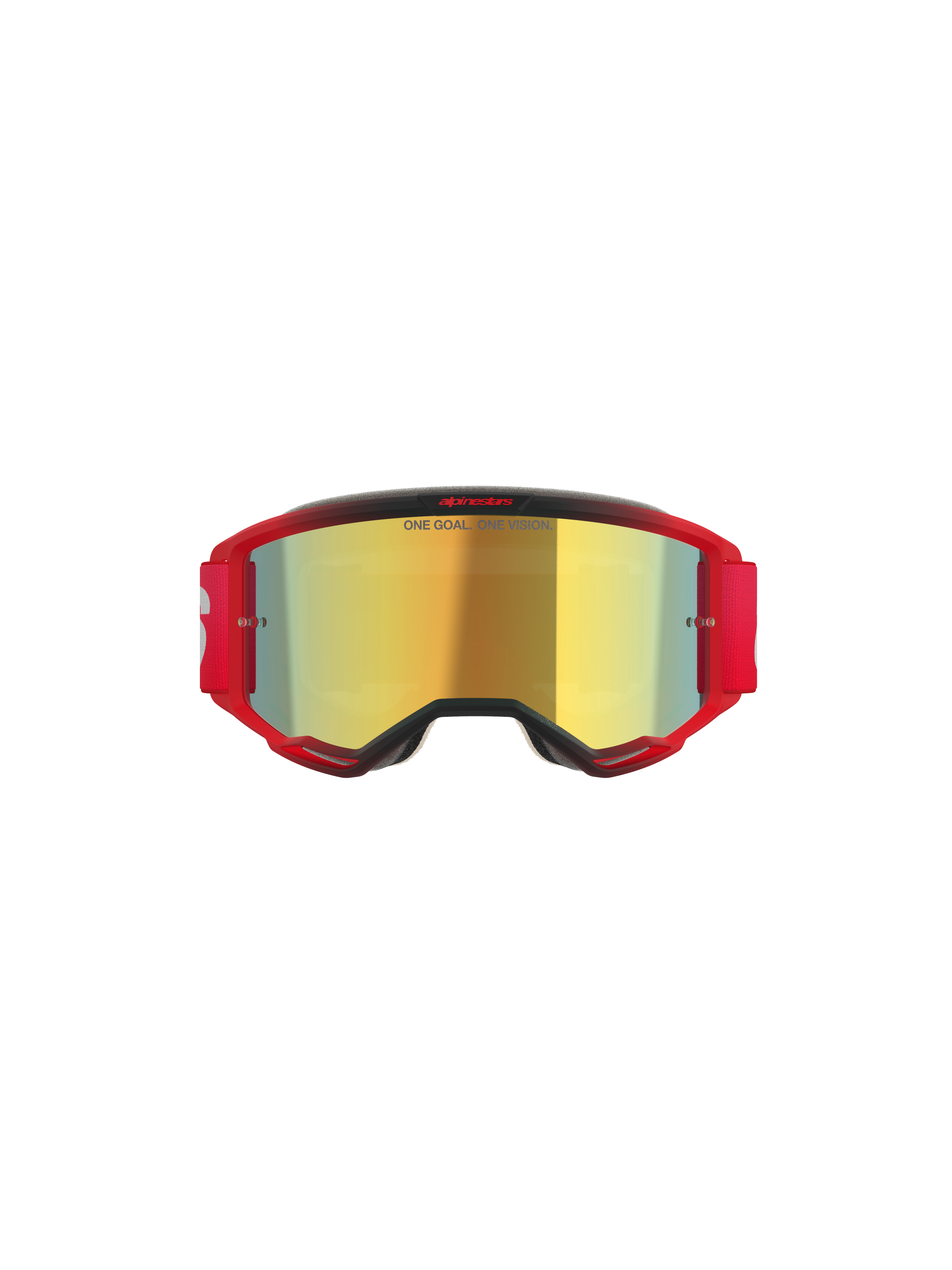 Alpinestars Vision 5 Blaze Goggles, motocross-briller, rød ramme med Gold Mirror-linse, har 'ONE GOAL. ONE VISION.'-tekst på linsen, rød elastikrem med hvidt logo, professionel motocross-øjenbeskyttelse