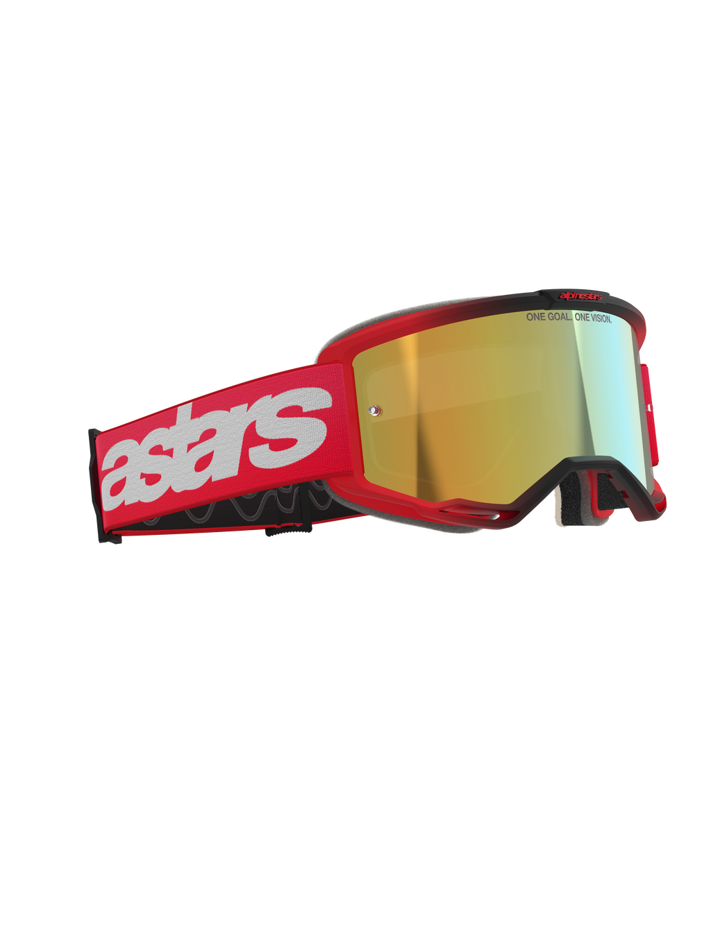 Alpinestars Vision 5 Blaze Goggles, motocross-briller, rød med guld spejllinse, rød vævet rem med stort hvidt astars-logo og 'ONE GOAL. ONE VISION.'-tekst på linsen, højtydende øjenbeskyttelse til off-road racing