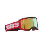 Alpinestars Vision 5 Blaze Goggles, motocross-briller, rød med guld spejllinse, rød vævet rem med stort hvidt astars-logo og 'ONE GOAL. ONE VISION.'-tekst på linsen, højtydende øjenbeskyttelse til off-road racing