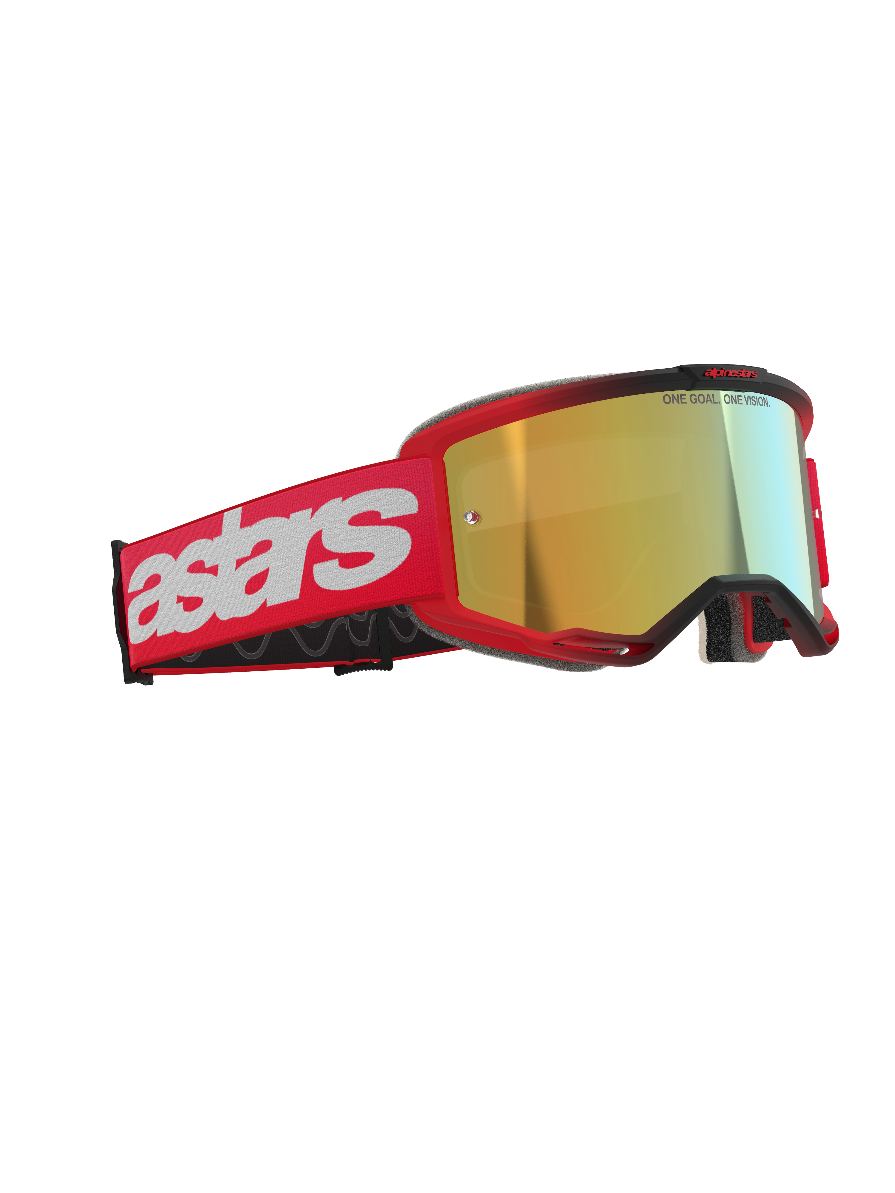 Alpinestars Vision 5 Blaze Goggles, motocross-briller, rød med guld spejllinse, rød vævet rem med stort hvidt astars-logo og 'ONE GOAL. ONE VISION.'-tekst på linsen, højtydende øjenbeskyttelse til off-road racing