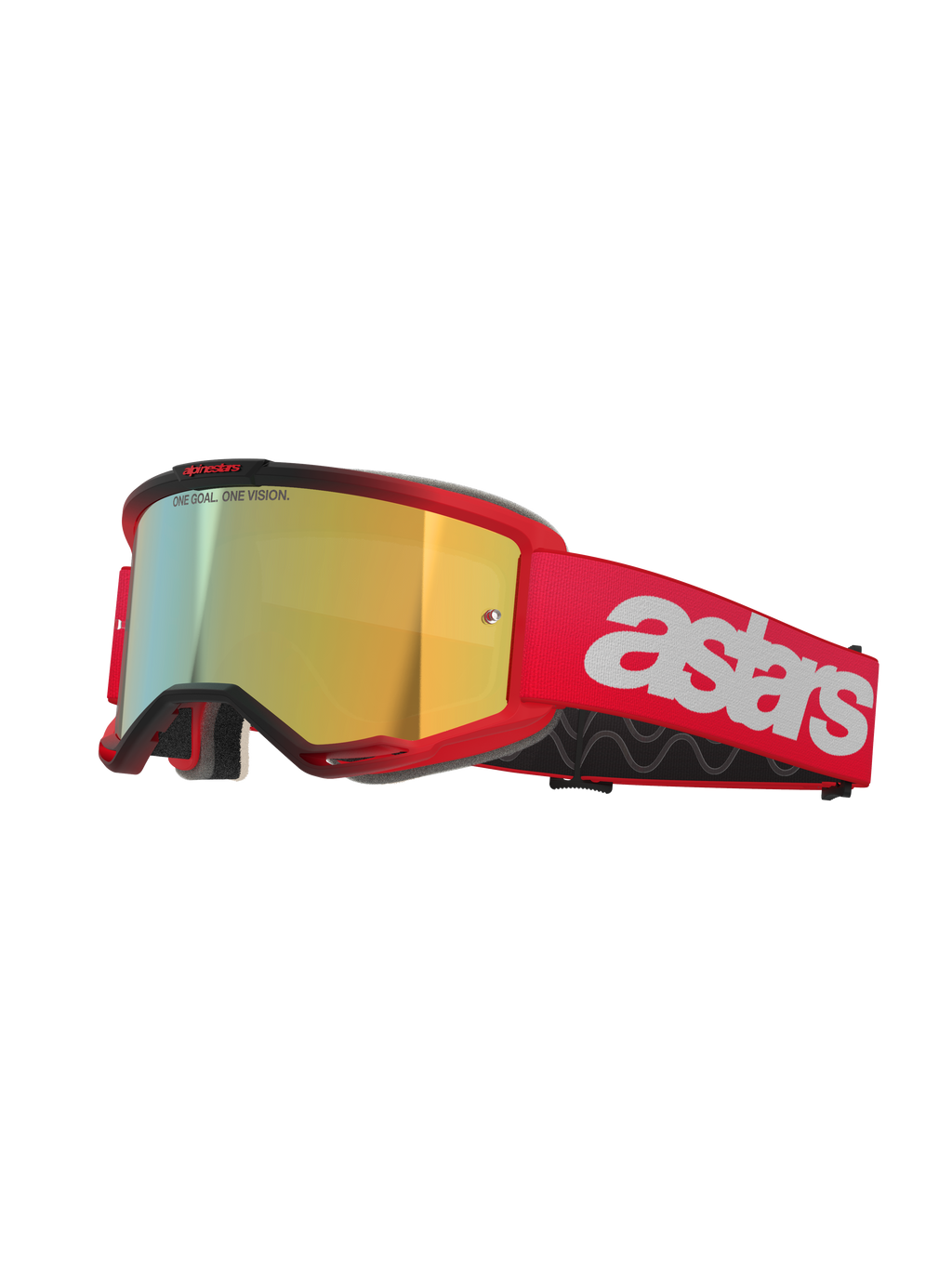 Alpinestars Vision 5 Blaze Goggles, motocross-briller, rød ramme og rem med Mirror Gold-linse, hvidt astars-branding på siden, letvægts A-FLEX-ramme med multi-lags ansigtsskum til terrænkørsel