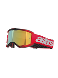 Alpinestars Vision 5 Blaze Goggles, motocross-briller, rød ramme og rem med Mirror Gold-linse, hvidt astars-branding på siden, letvægts A-FLEX-ramme med multi-lags ansigtsskum til terrænkørsel