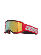 Alpinestars Vision 5 Blaze Goggles, motocross-briller, rød ramme og rem med Mirror Gold-linse, hvidt astars-branding på siden, letvægts A-FLEX-ramme med multi-lags ansigtsskum til terrænkørsel